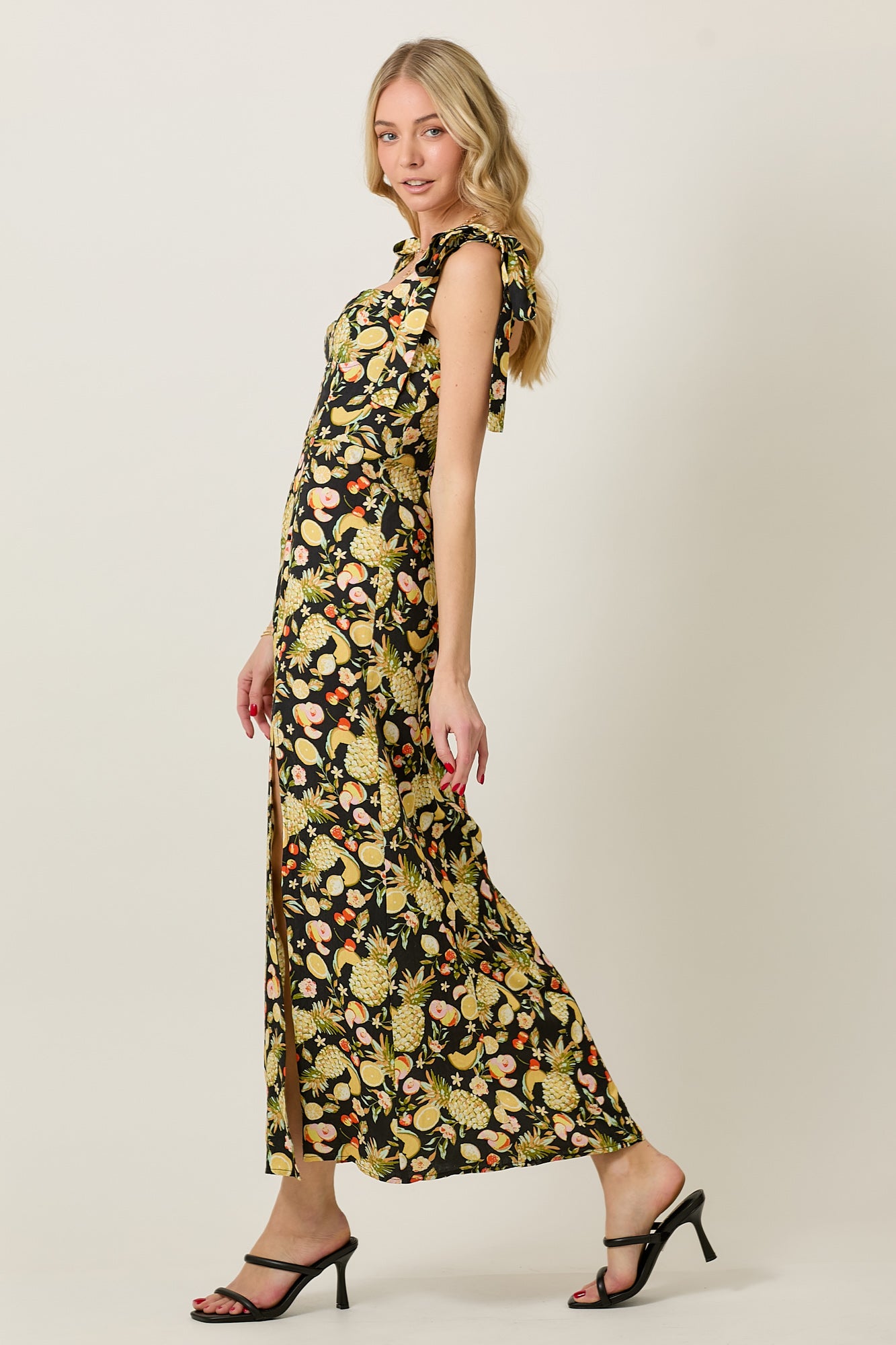 Conversation Print Shoulder Tie Maxi Dress