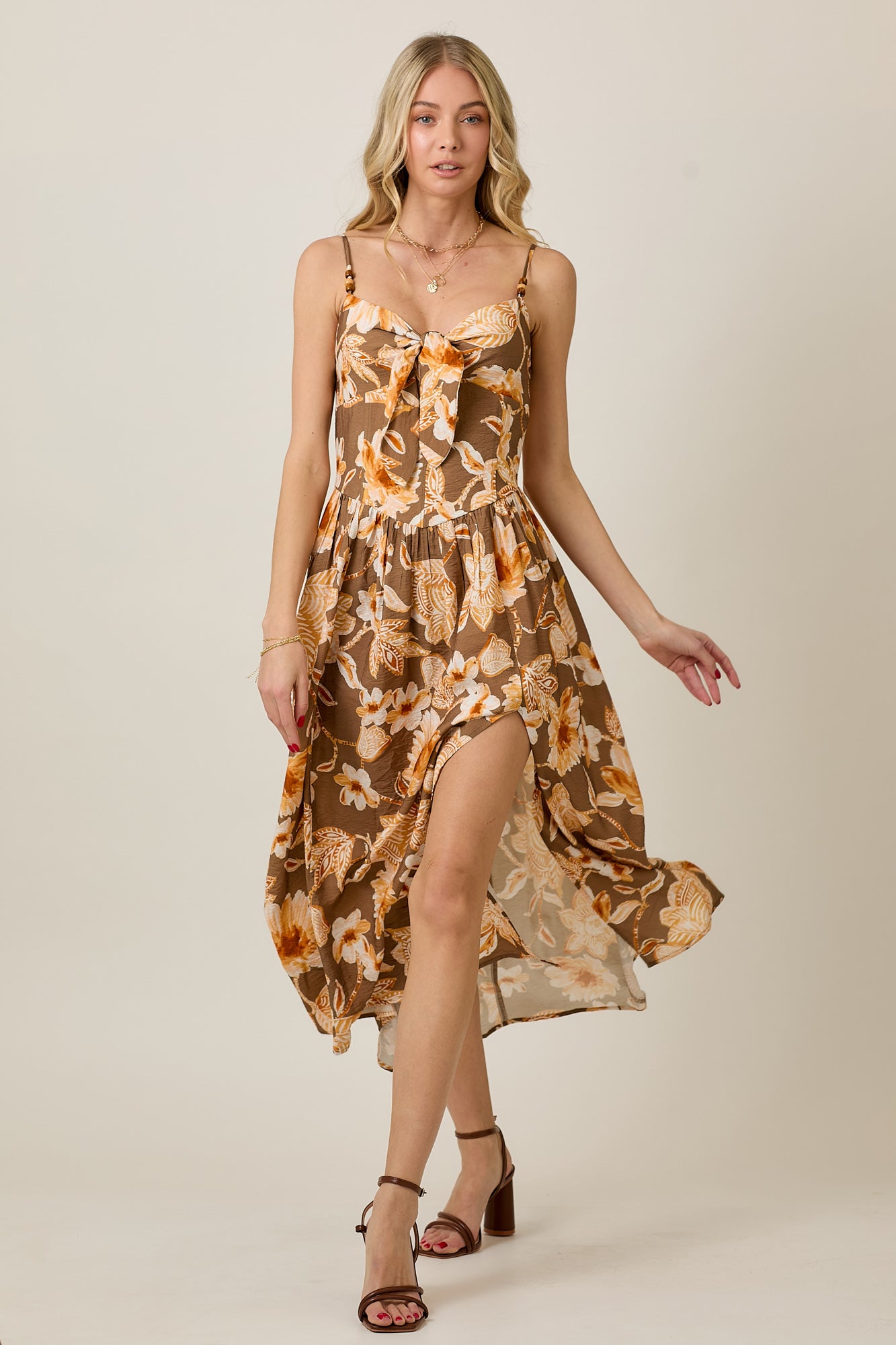 Beaded Tie Up Floral Print Summer Midi Dress
