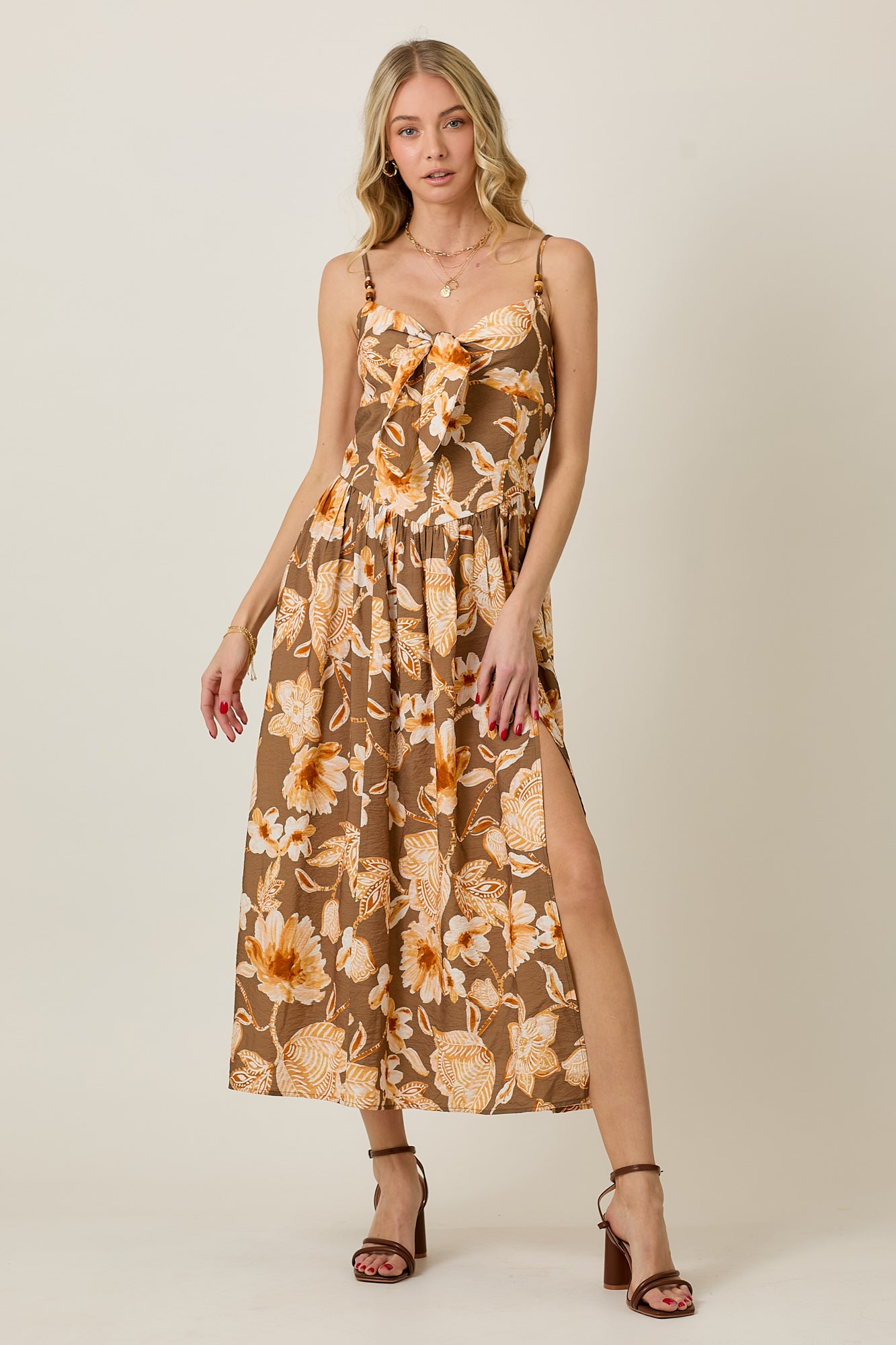 Beaded Tie Up Floral Print Summer Midi Dress