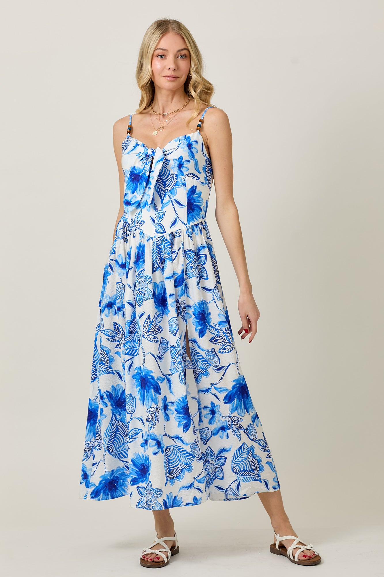 Beaded Tie Up Floral Print Summer Midi Dress