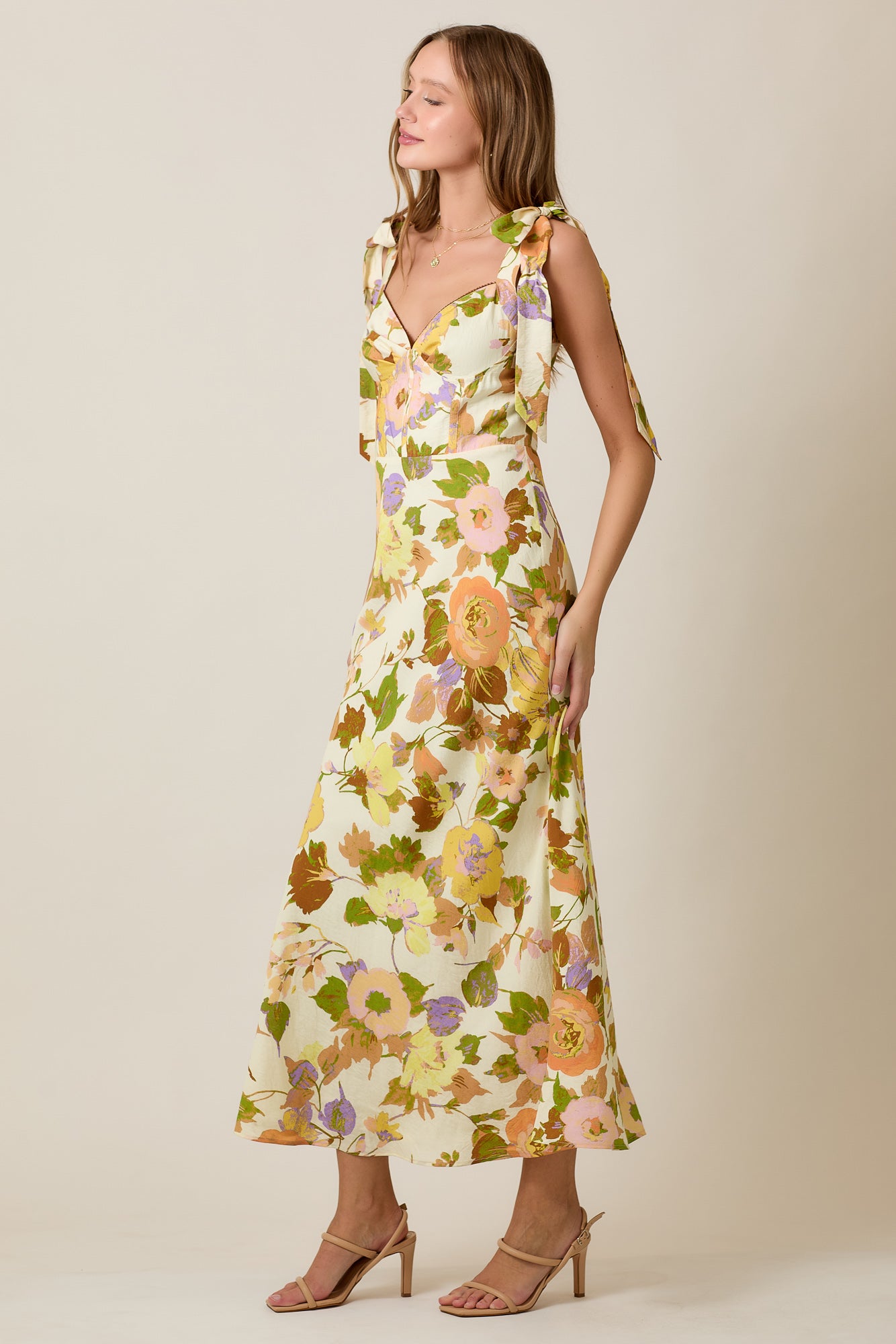 Romantic Vintage Floral Summer Midi Dress with Tie Straps
