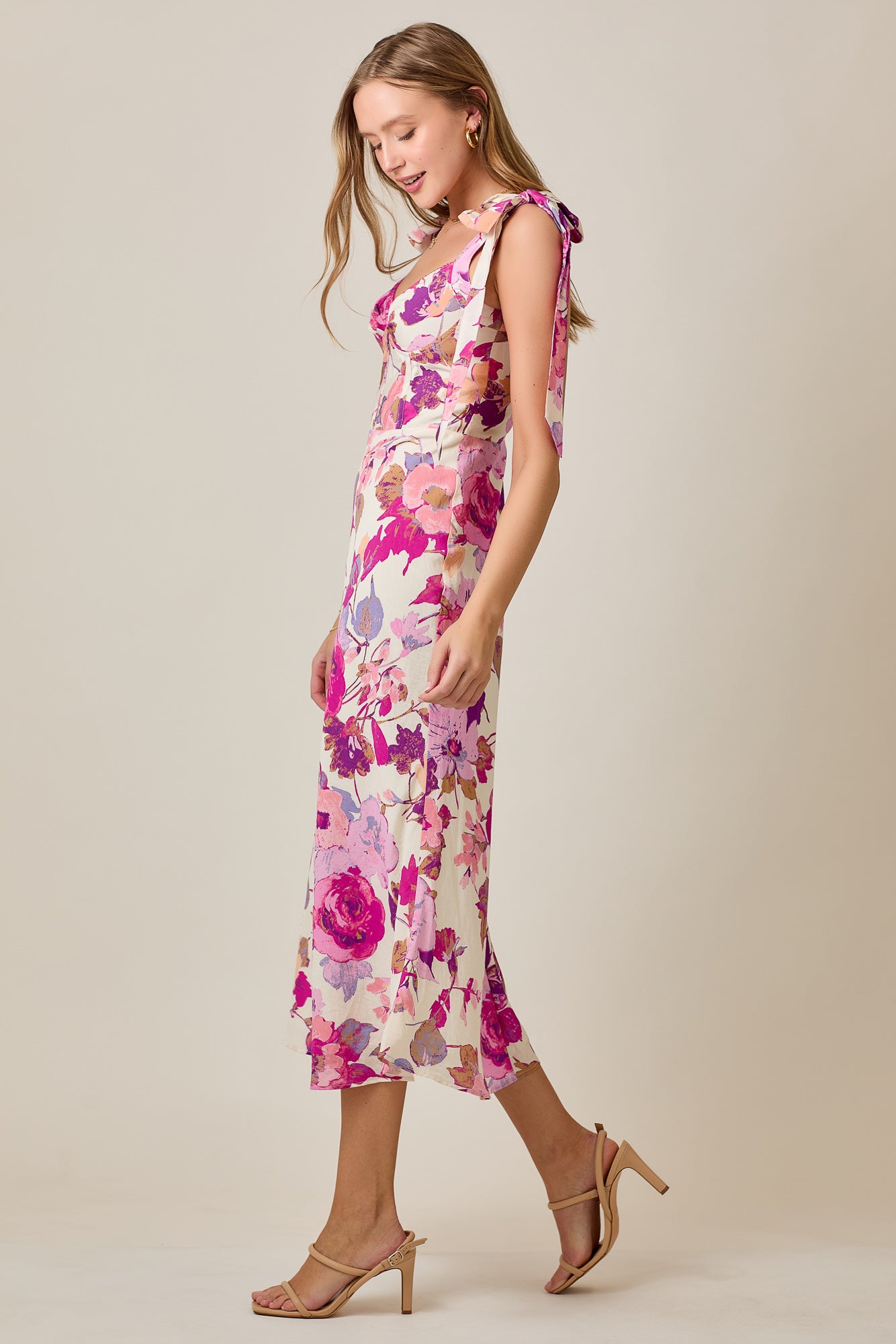 Romantic Vintage Floral Summer Midi Dress with Tie Straps