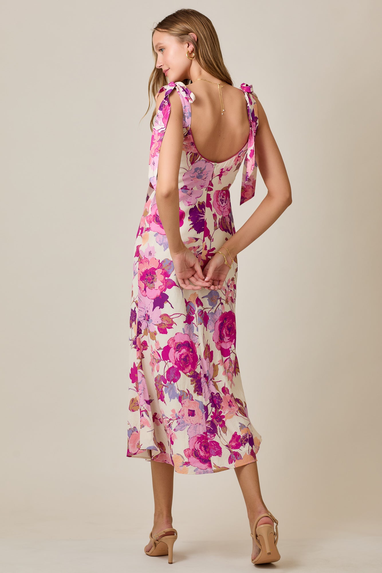 Romantic Vintage Floral Summer Midi Dress with Tie Straps