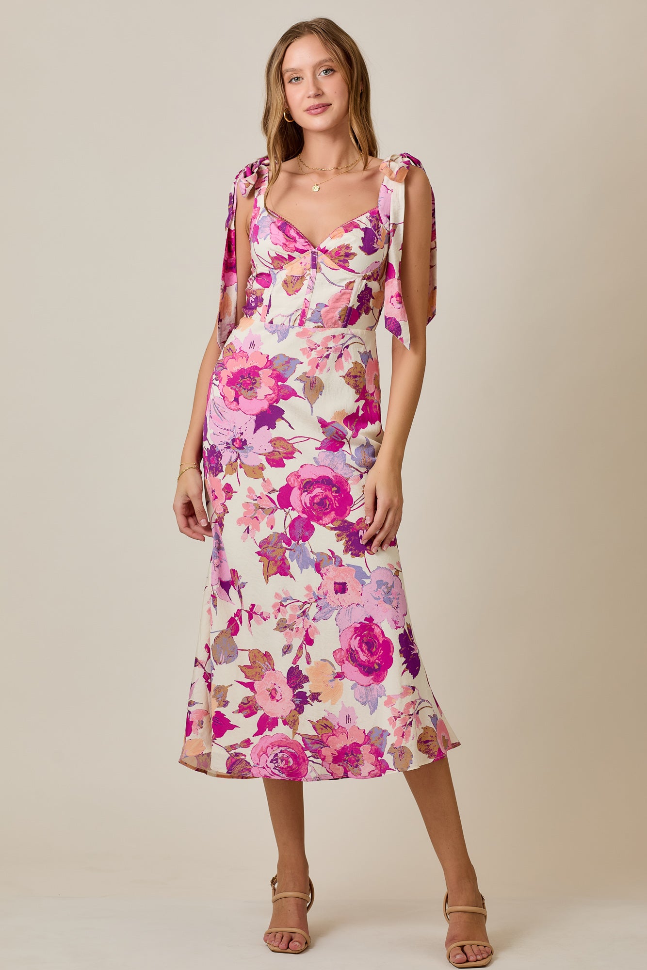 Romantic Vintage Floral Summer Midi Dress with Tie Straps