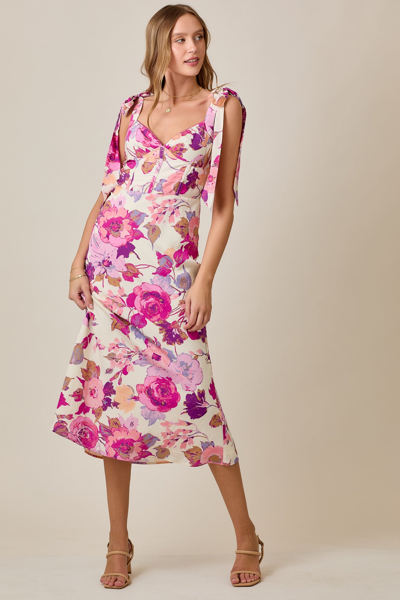 Romantic Vintage Floral Summer Midi Dress with Tie Straps
