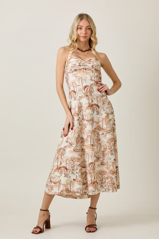 CONVERSATION PRINT SWEETHEART HALTER MIDI SUNDRESS