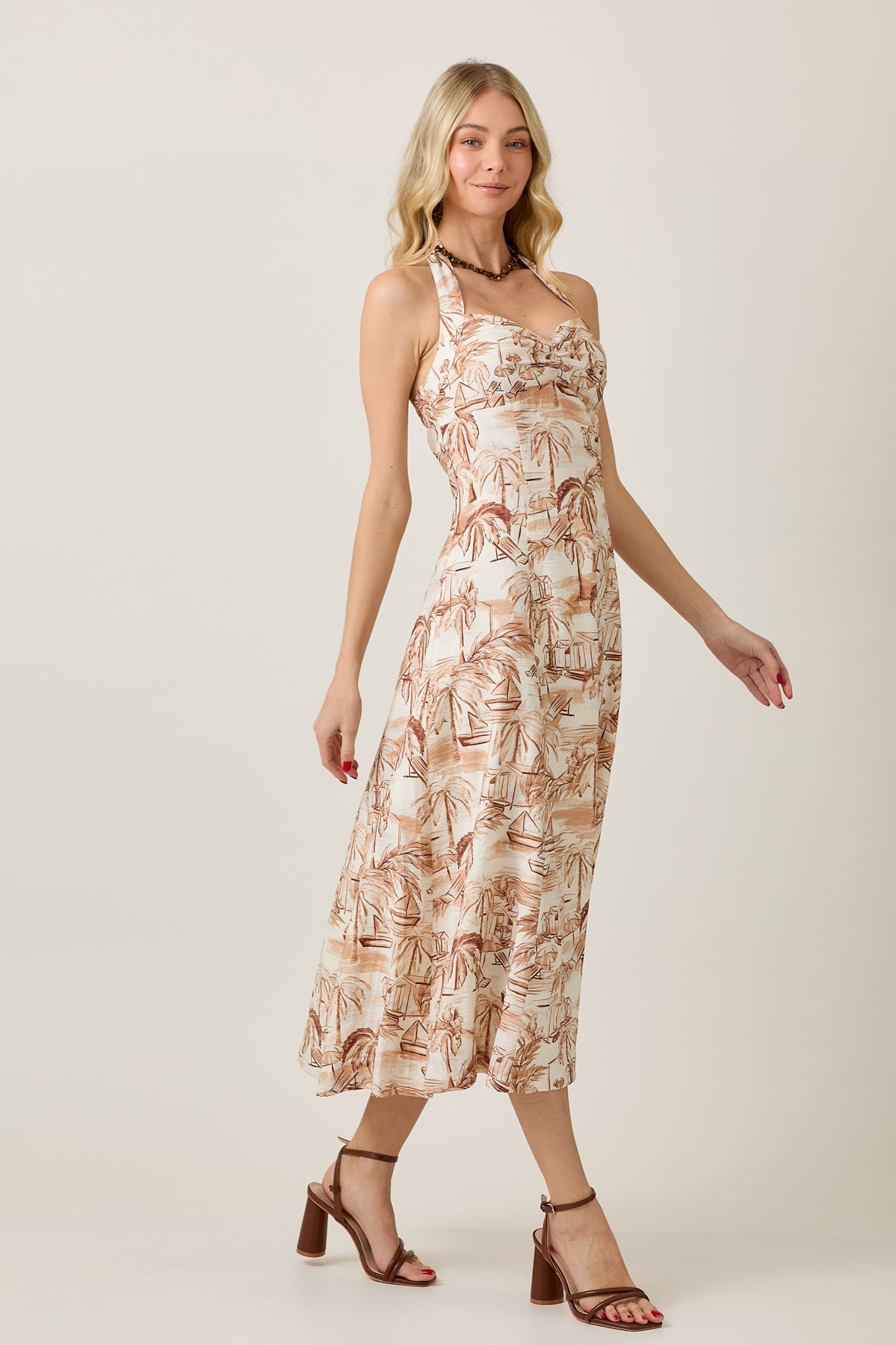 SAILBOAT PRINT SWEETHEART HALTER MIDI SUNDRESS