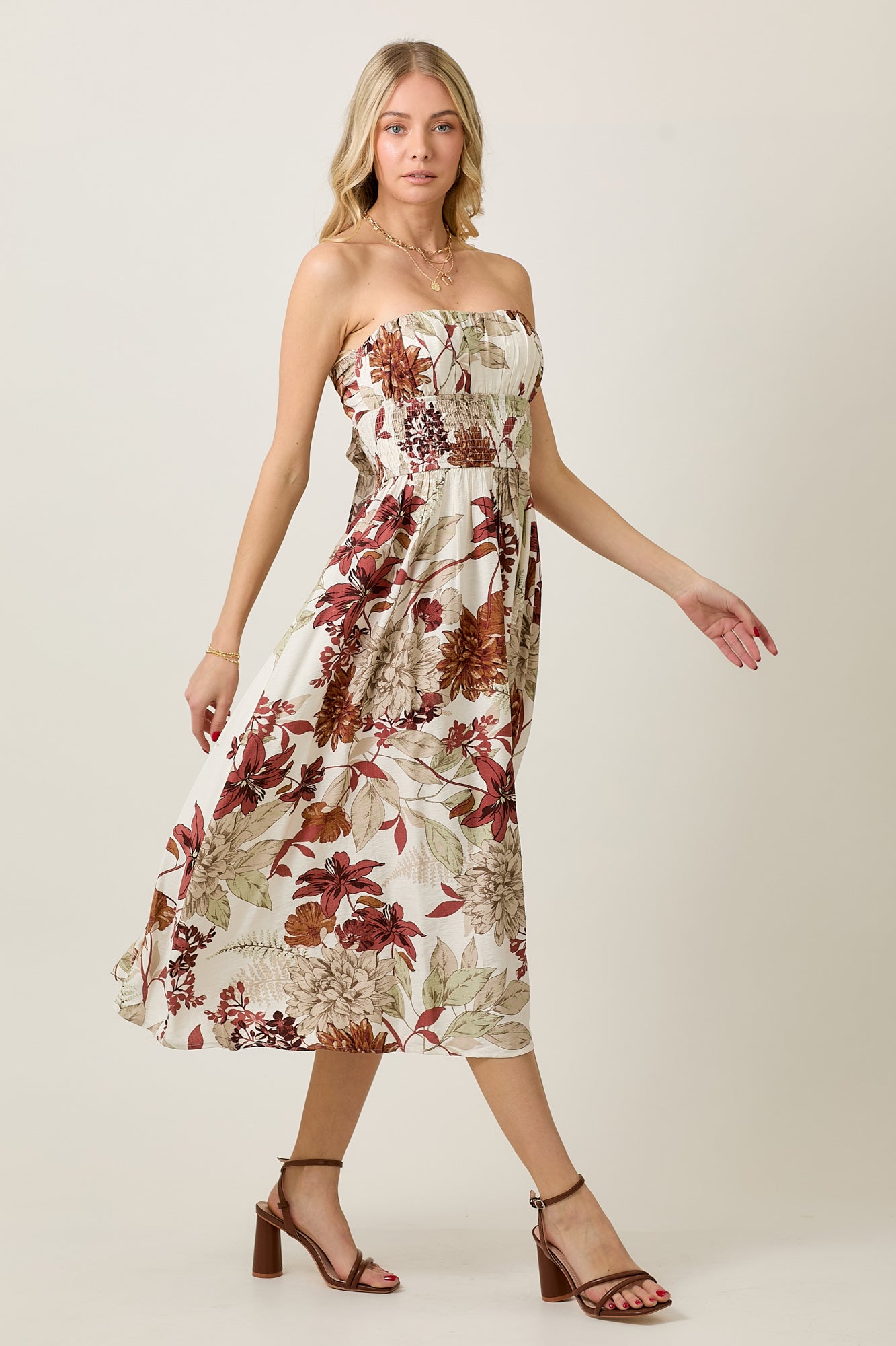 Summer Tube Midi Dress with Earthy Floral Print
