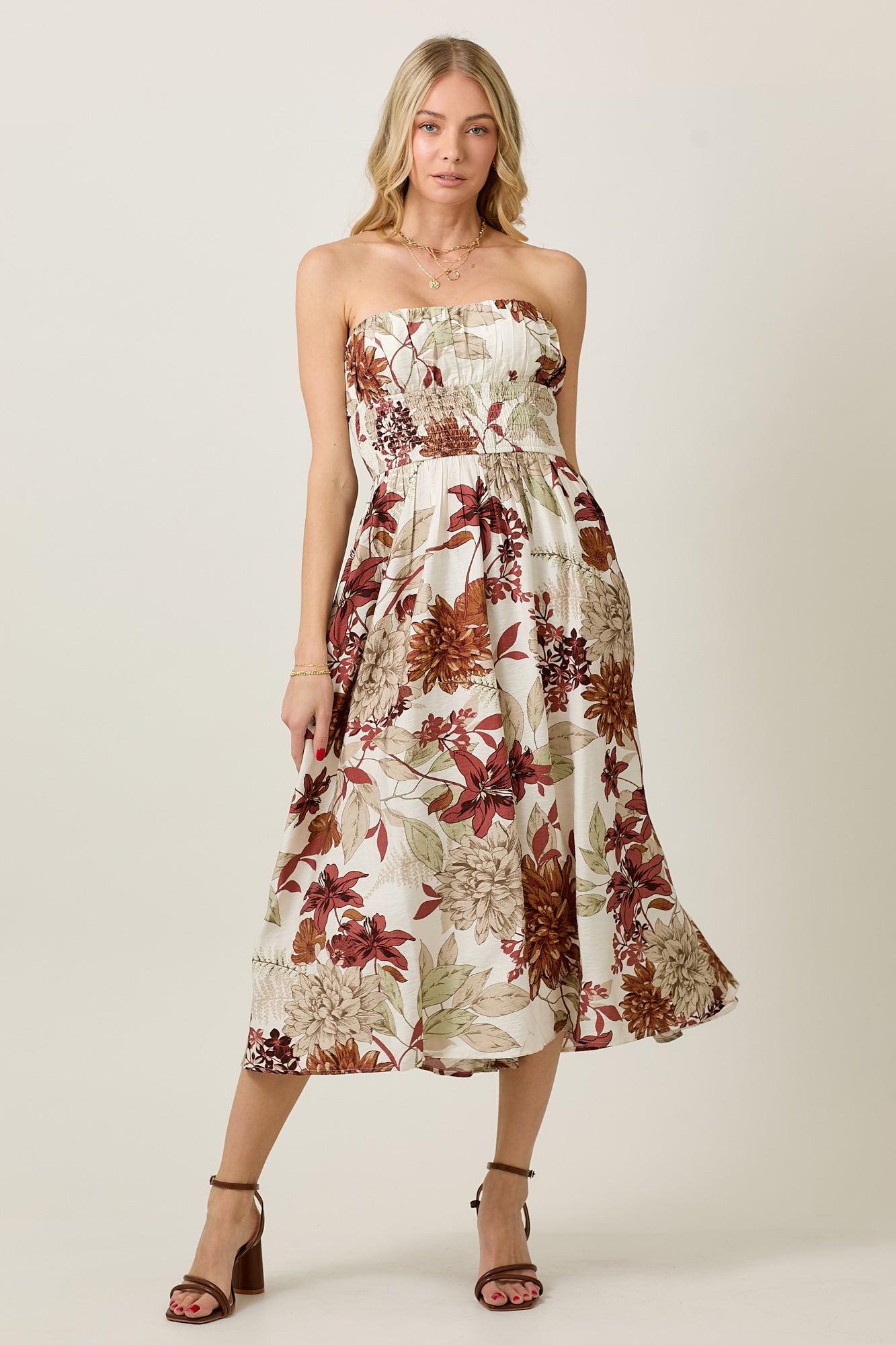 Summer Tube Midi Dress with Earthy Floral Print