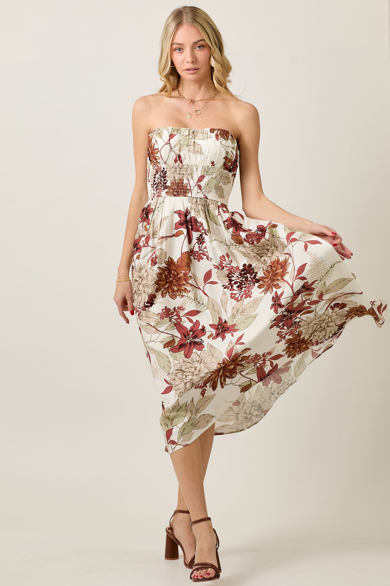 Summer Tube Midi Dress with Earthy Floral Print