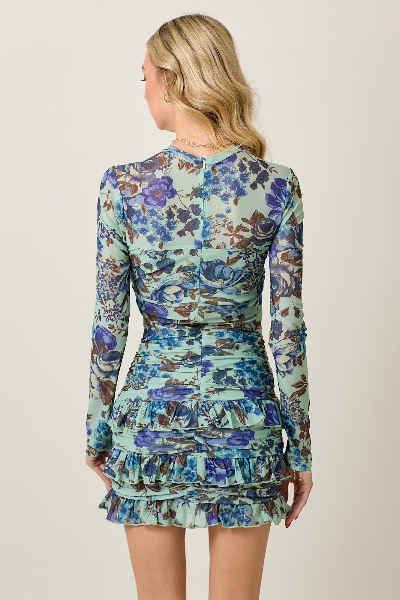 Floral Long Sleeve Ruffled Mini Dress