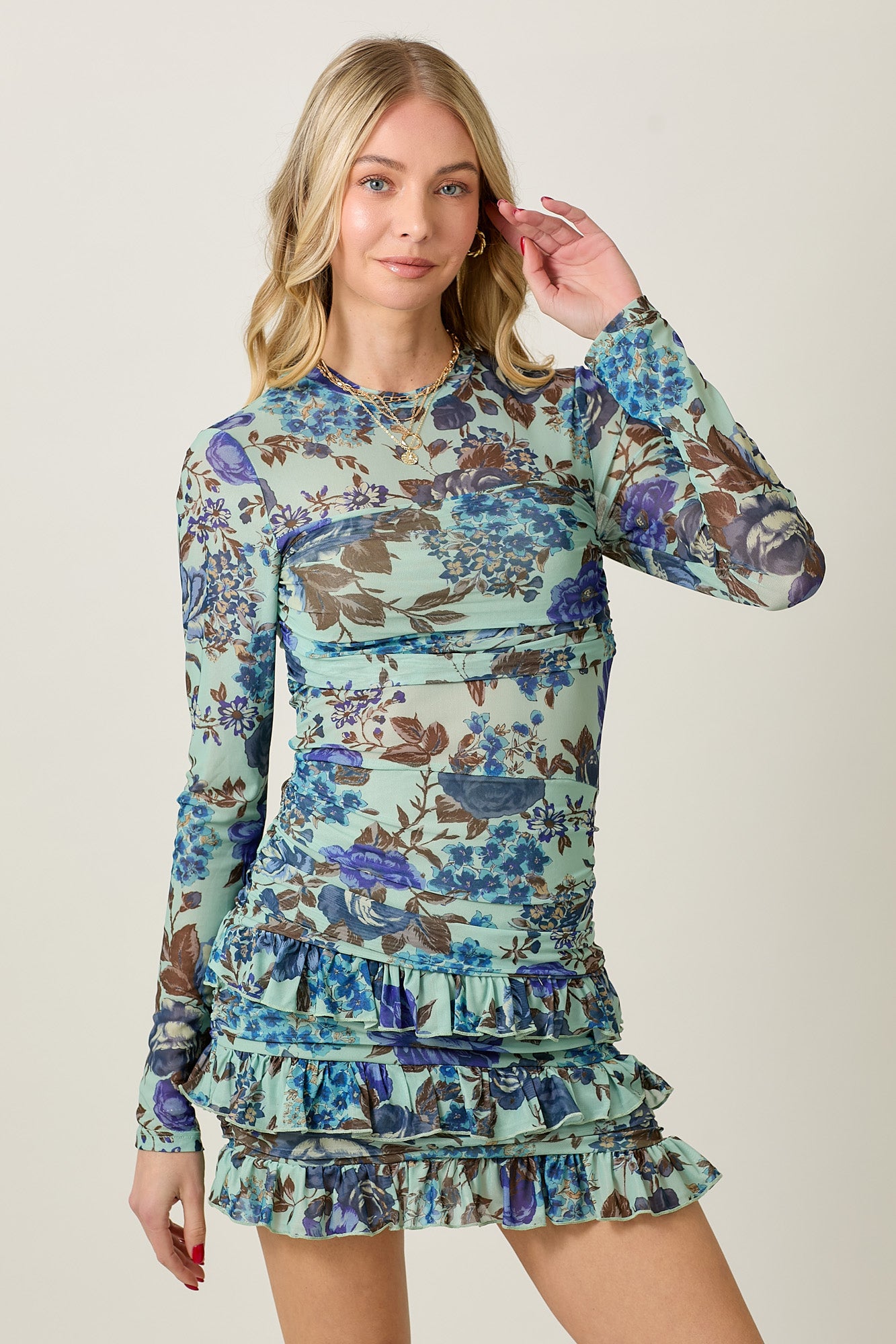 Floral Long Sleeve Ruffled Mini Dress