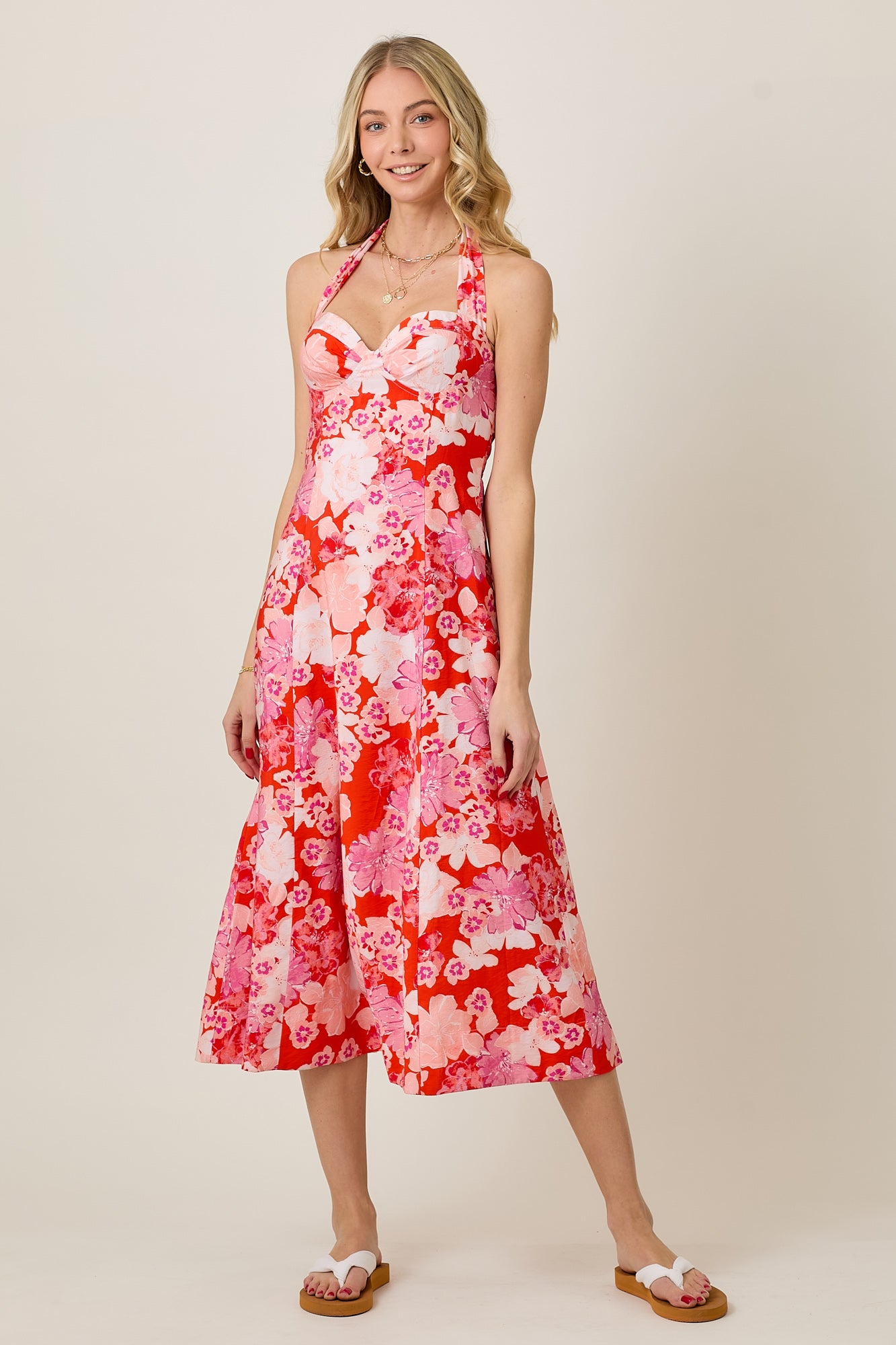 Summer Floral Halter Sweetheart Midi Flare Dress