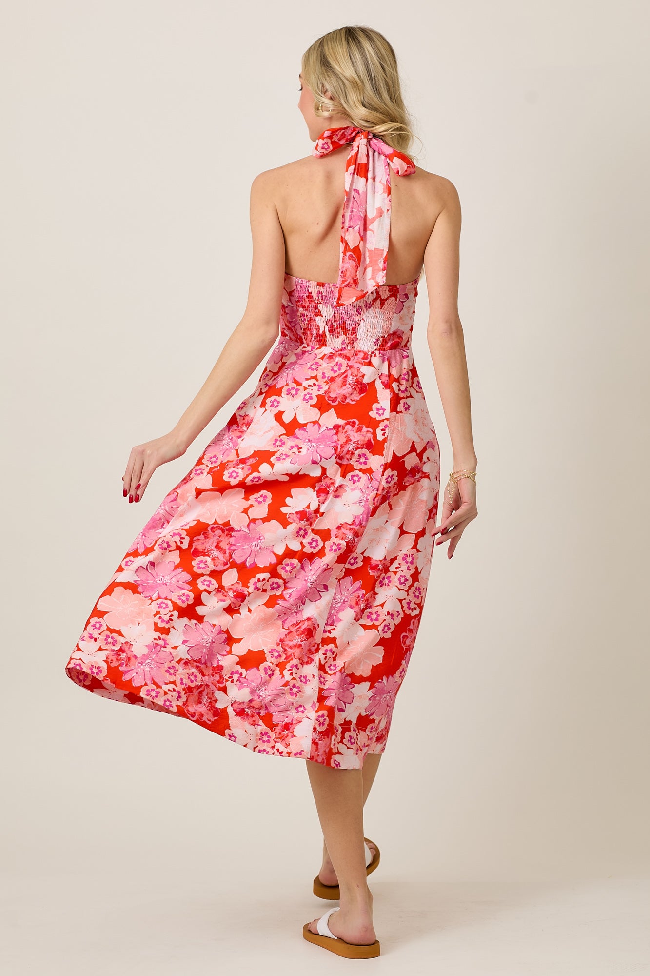 Summer Floral Halter Sweetheart Midi Flare Dress