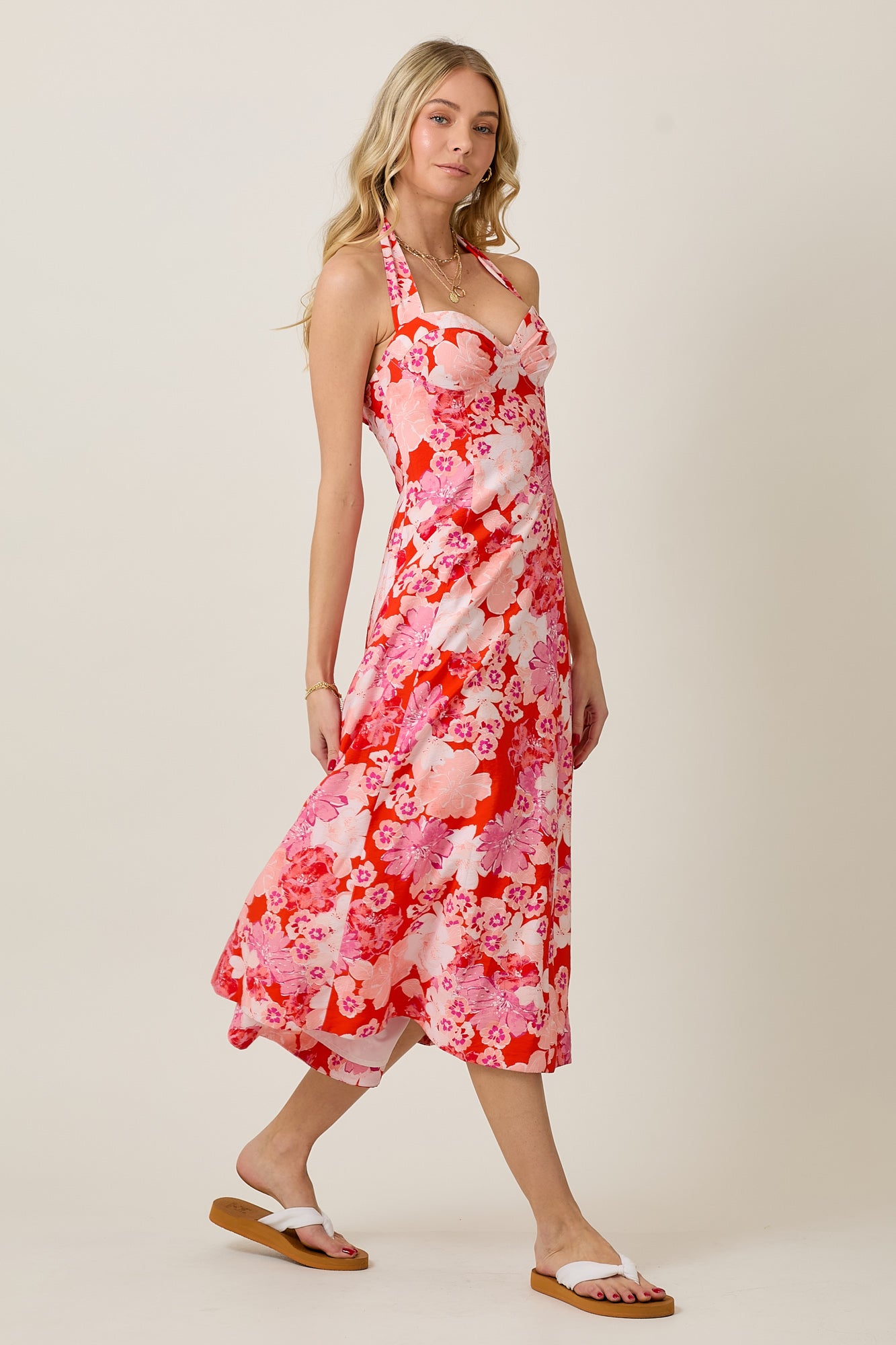Summer Floral Halter Sweetheart Midi Flare Dress