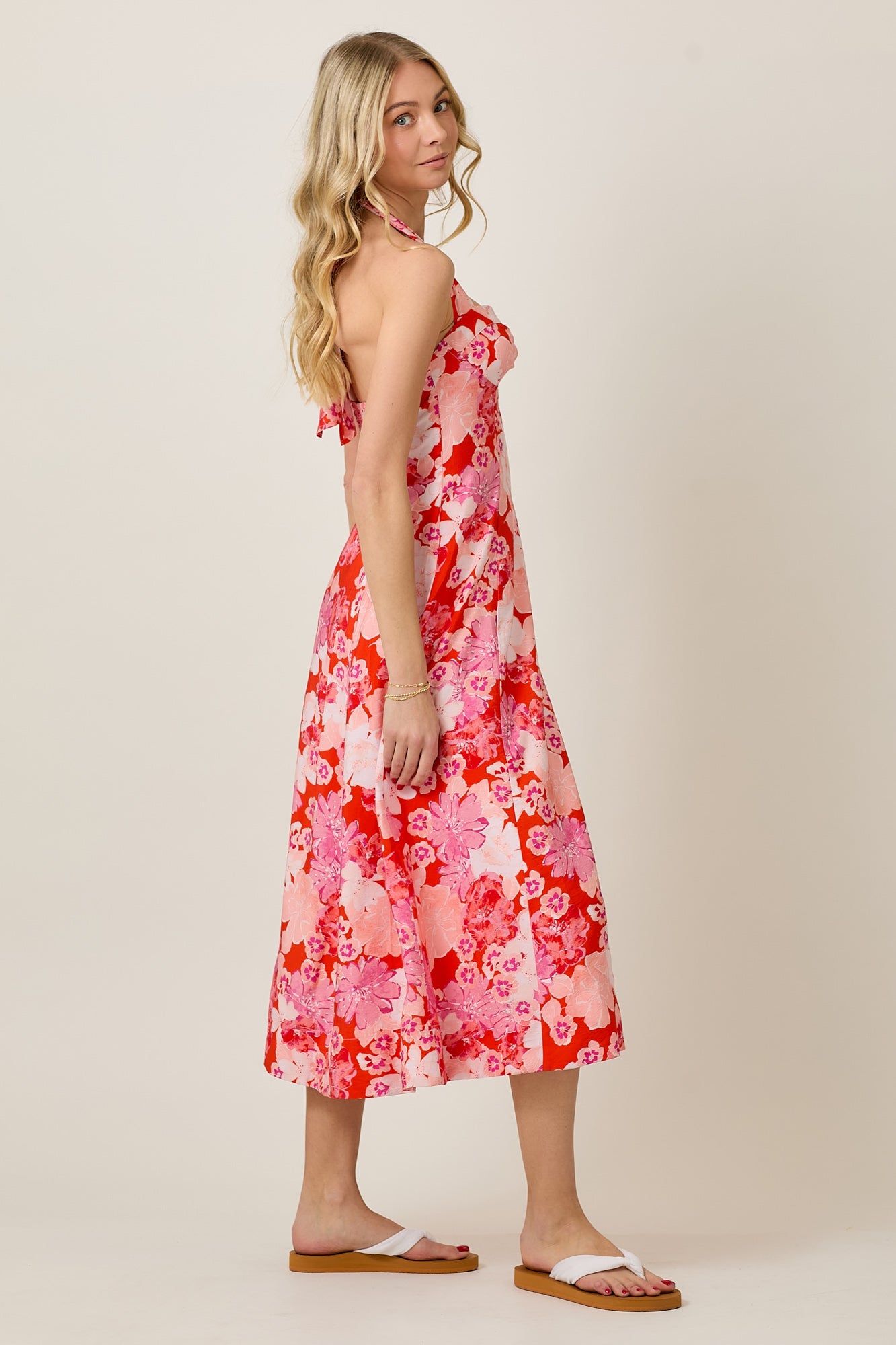 Summer Floral Halter Sweetheart Midi Flare Dress