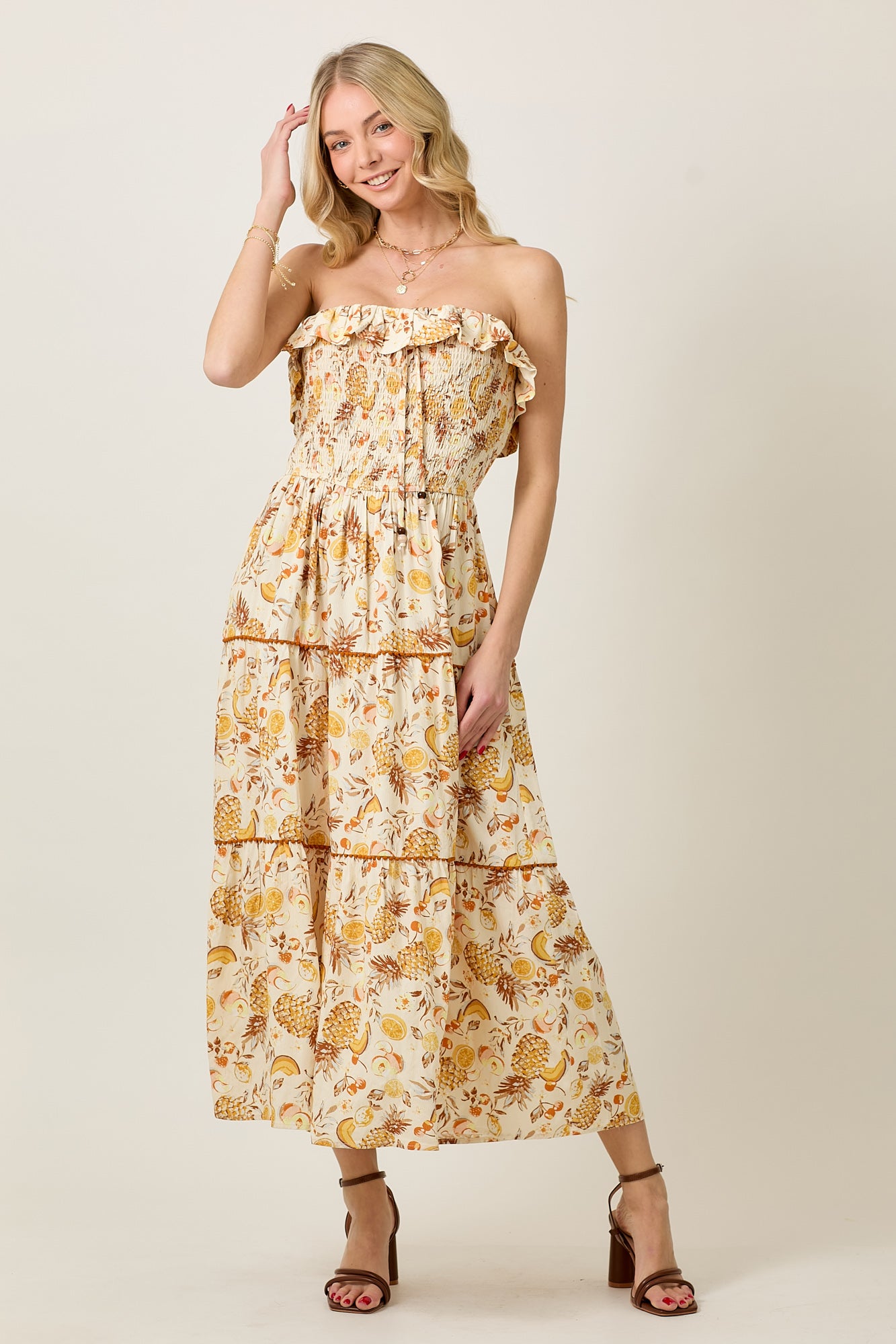 Pineapple Print Tiered Ruffle Tube Dress