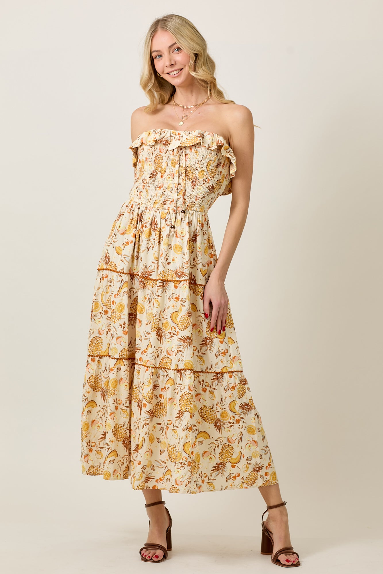 Pineapple Print Tiered Ruffle Tube Dress