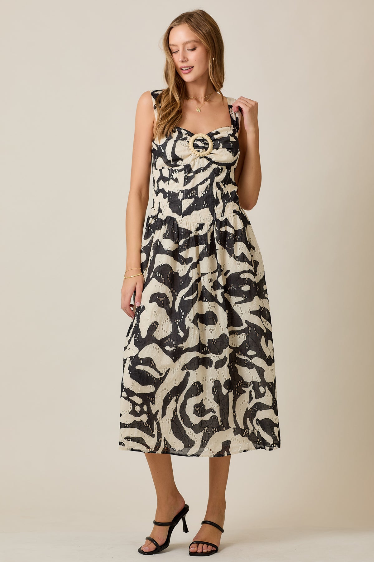 Abstract Eyelet Ring Detail Summer Midi Dress