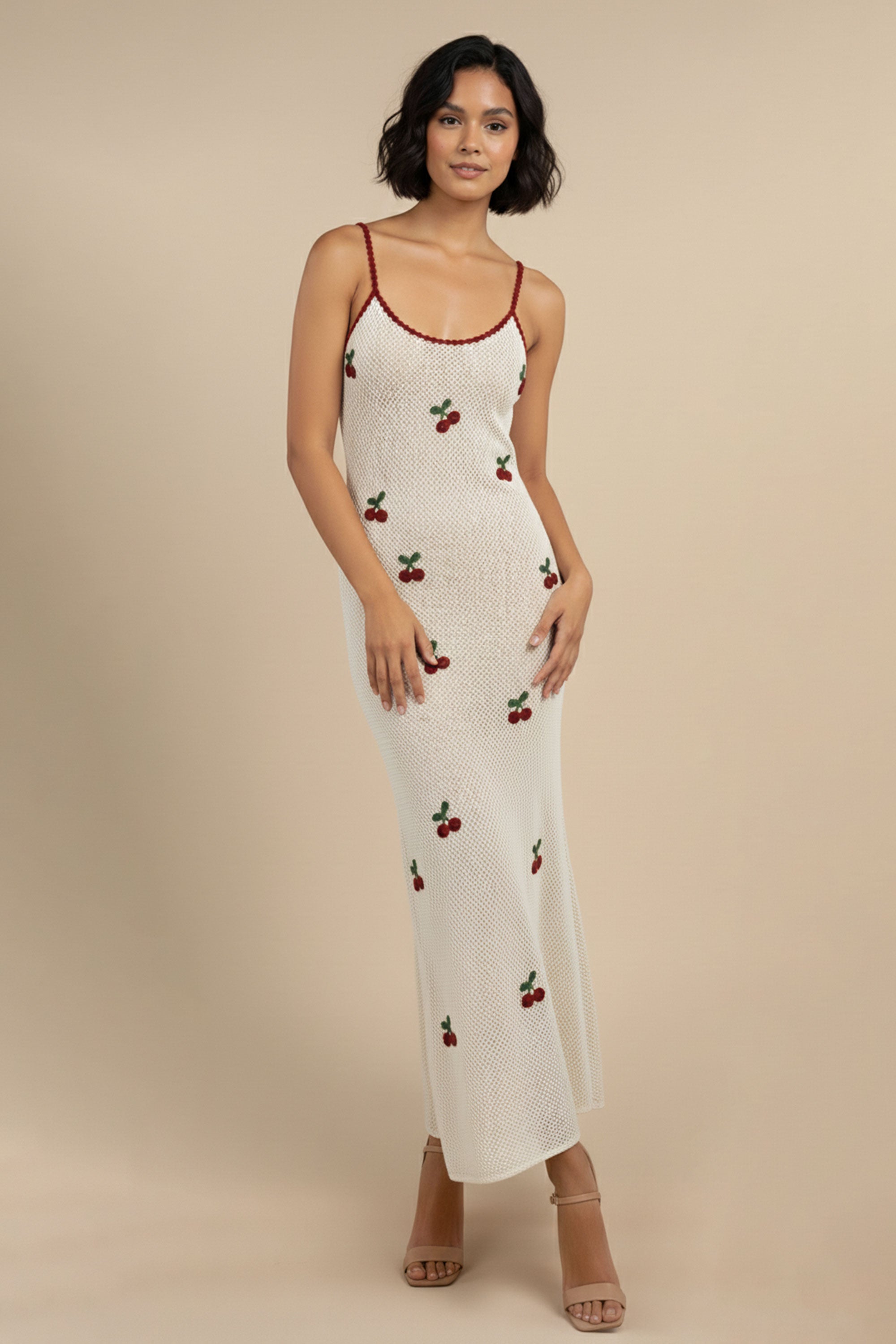 Cherry Embroidered Knit Maxi Dress