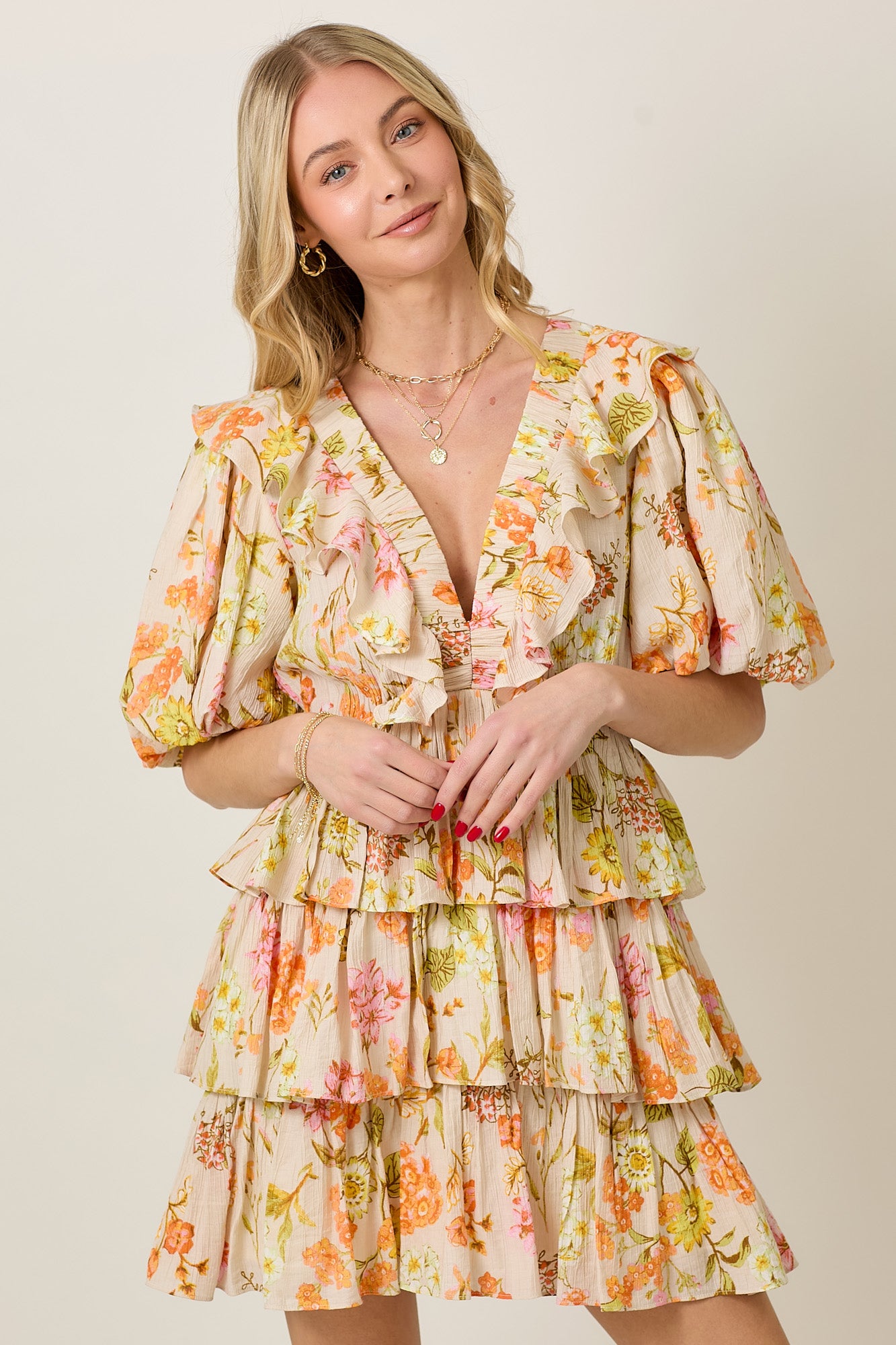 Summer Crinkle Floral Baby Doll Dress with Bubble Sleeves