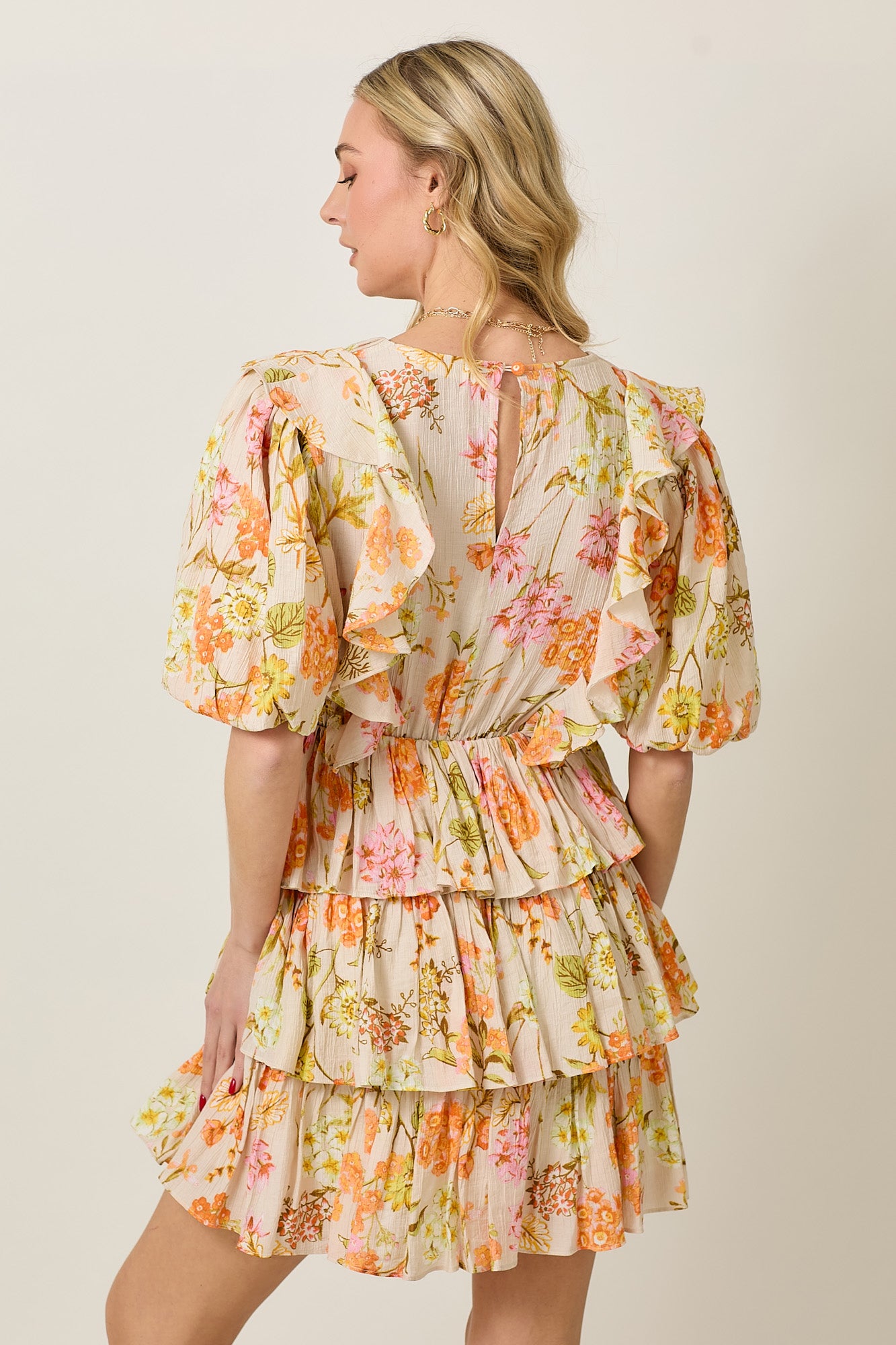 Summer Crinkle Floral Baby Doll Dress with Bubble Sleeves