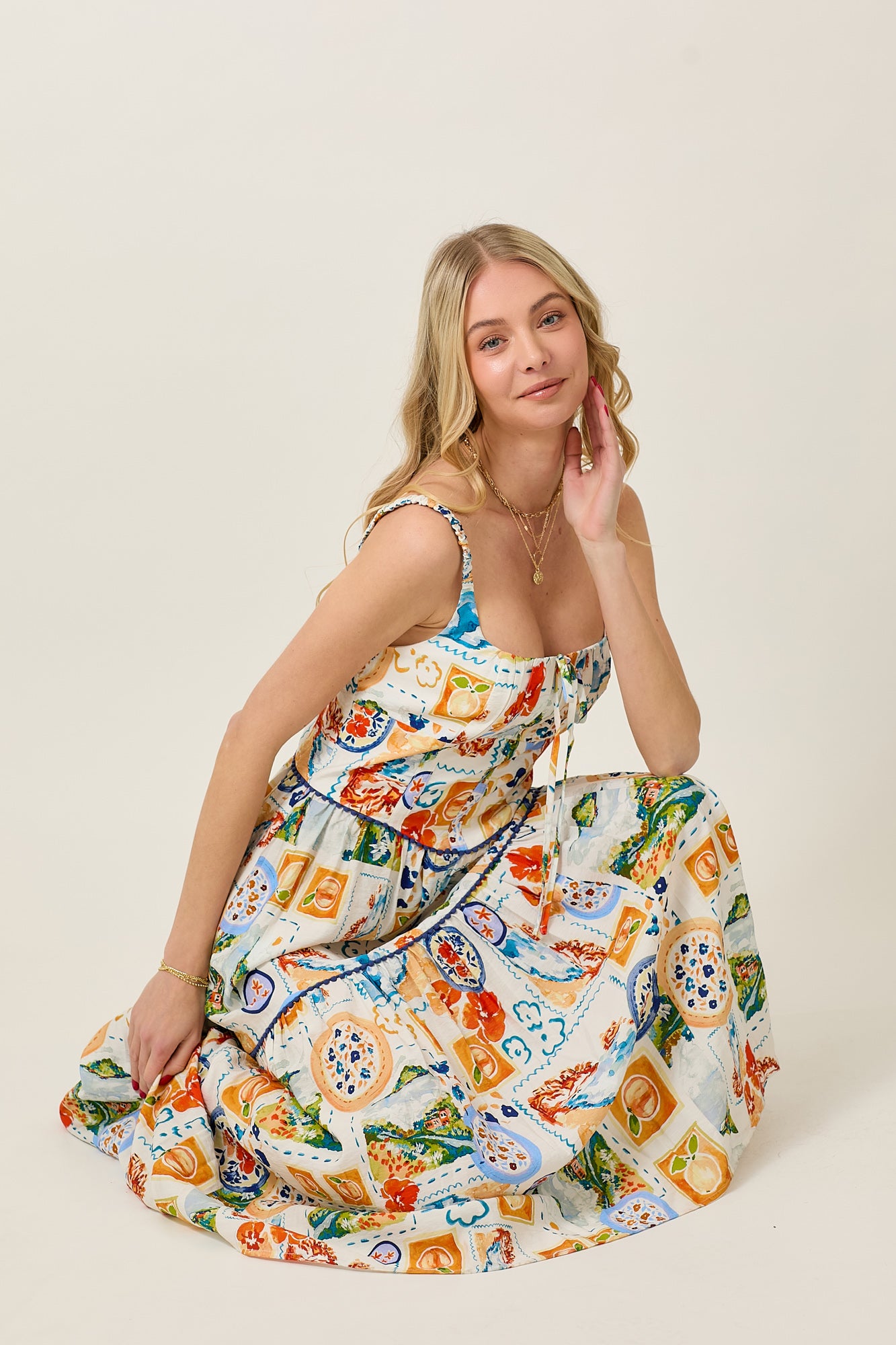 Mediterranean Tile Print Tiered Summer Sundress