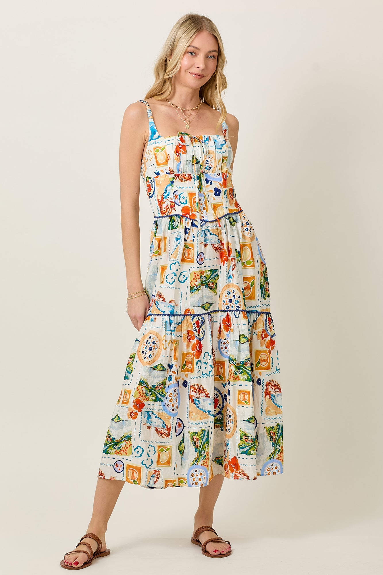 Mediterranean Tile Print Tiered Summer Sundress