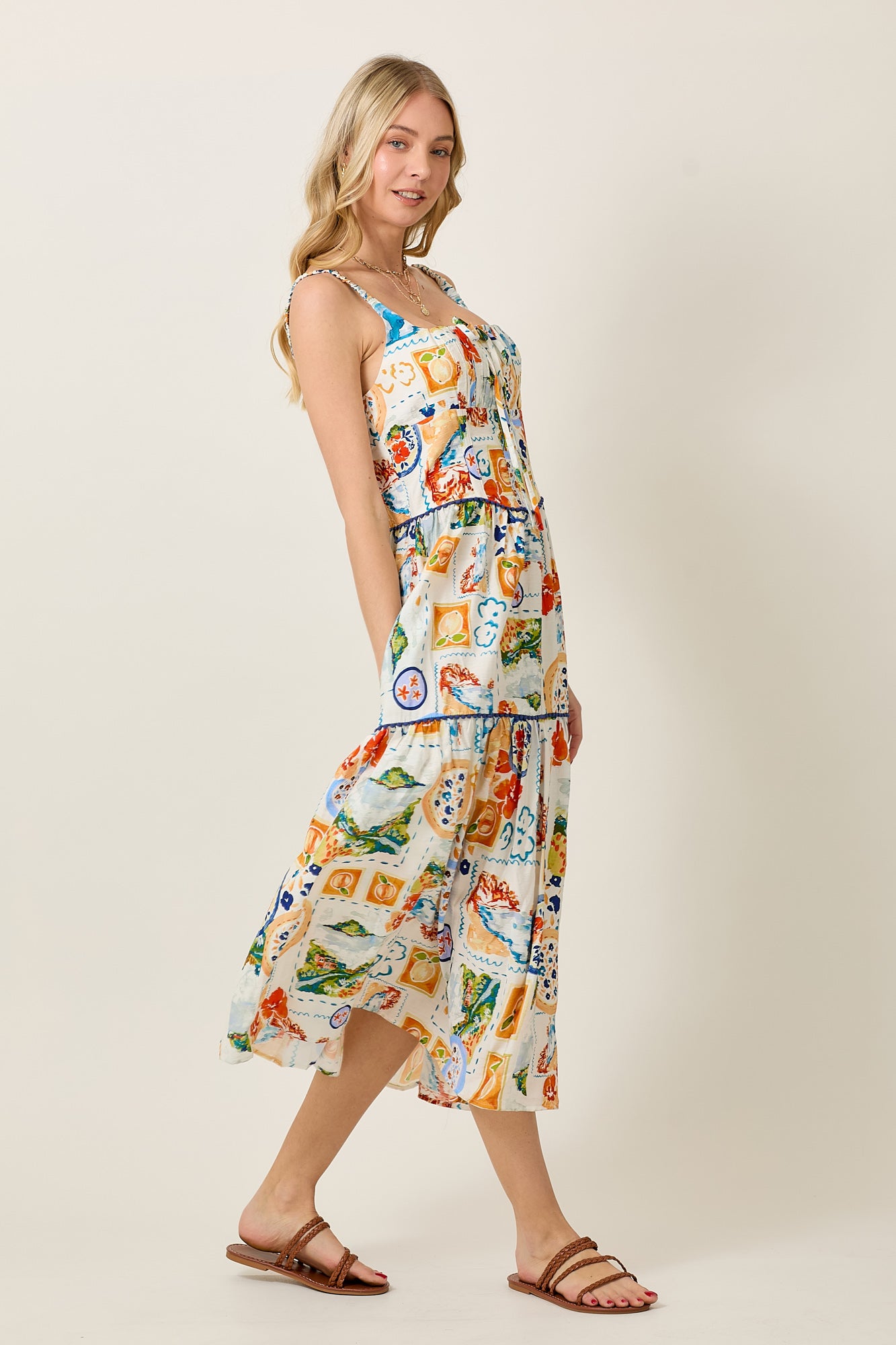 Mediterranean Tile Print Tiered Summer Sundress