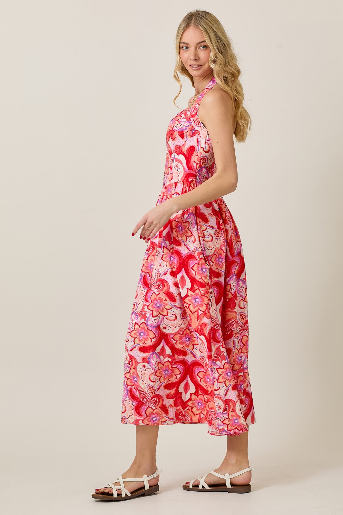 Eclectic Floral Halter Midi Dress with Pintuck Detail