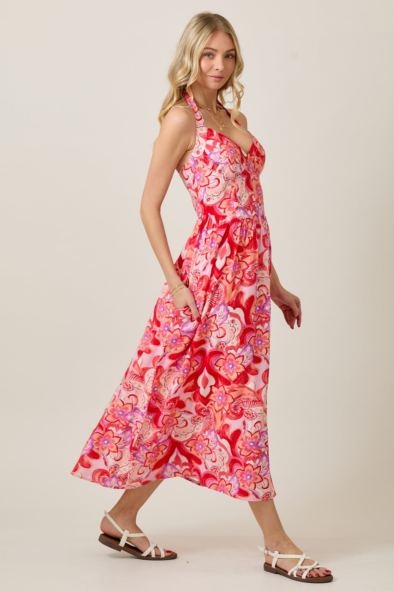 Eclectic Floral Halter Midi Dress with Pintuck Detail