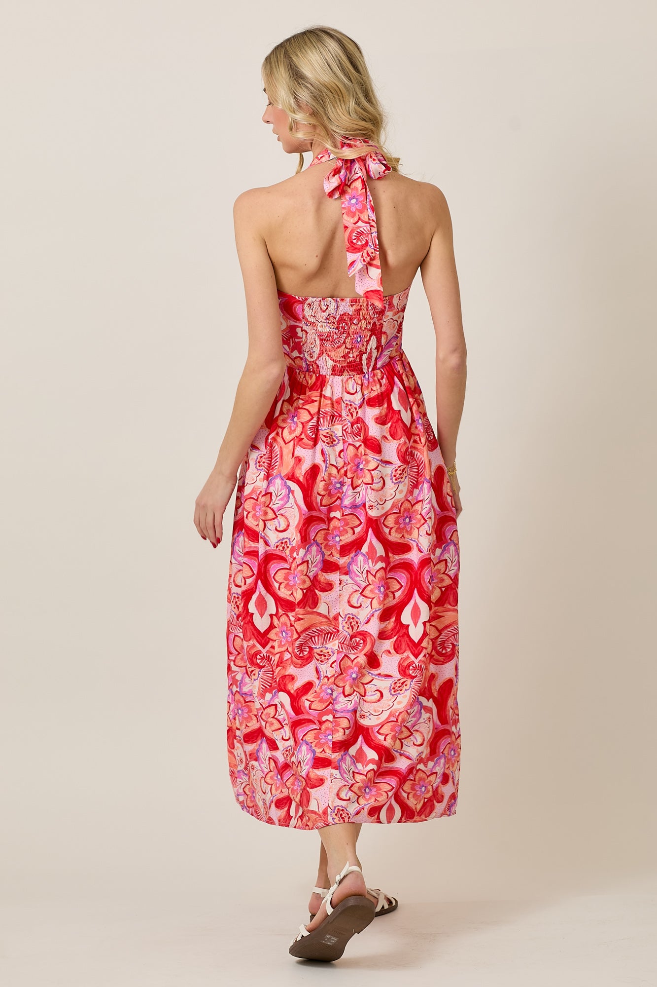 Eclectic Floral Halter Midi Dress with Pintuck Detail