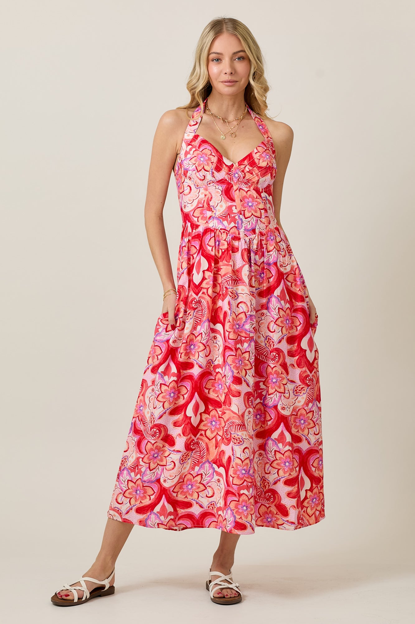 Eclectic Floral Halter Midi Dress with Pintuck Detail
