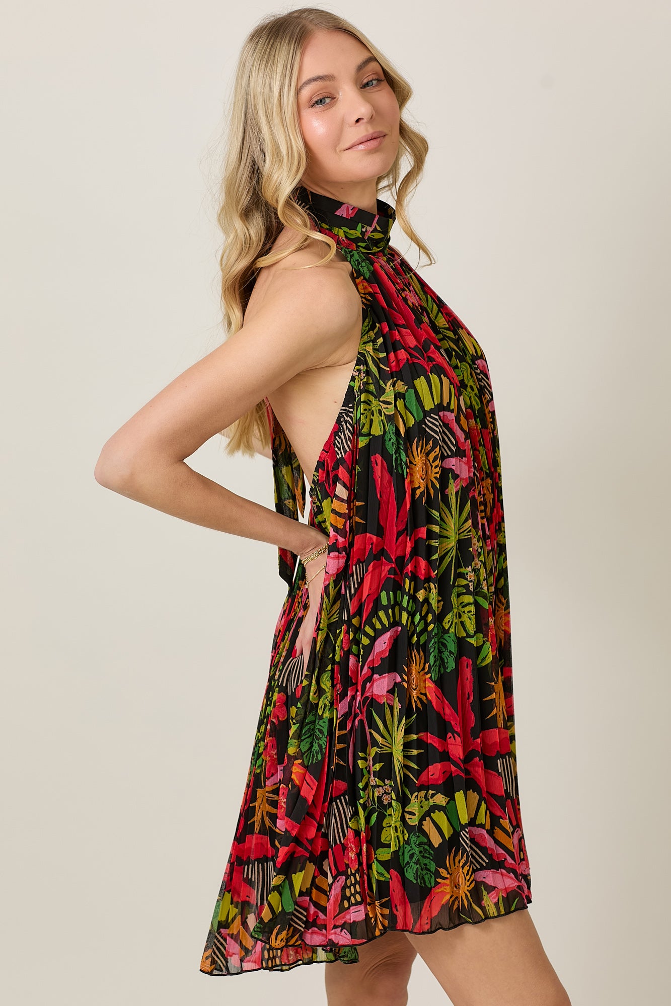 Summer Halter Tie Dress with Floral Chiffon & Pleats