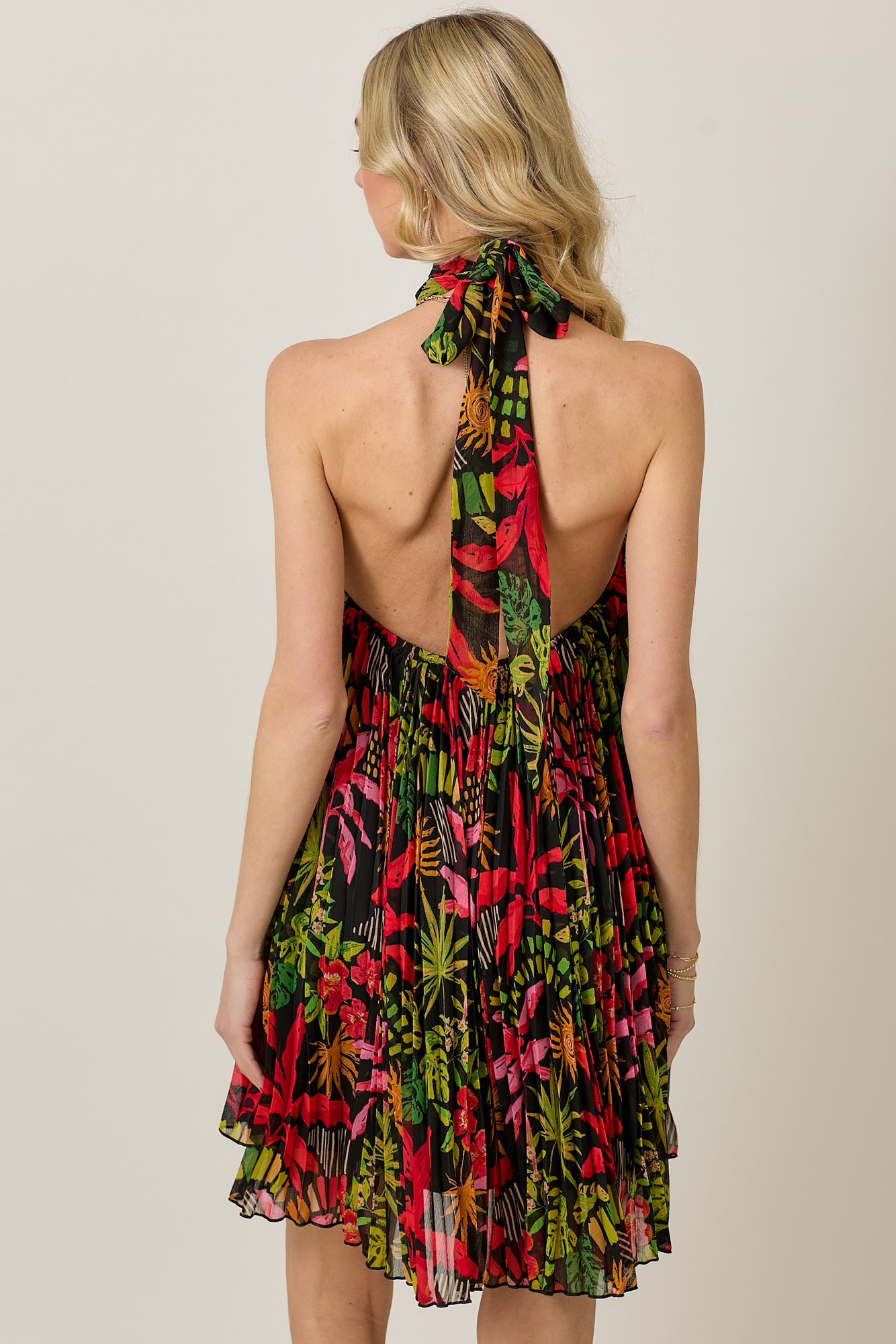 Summer Halter Tie Dress with Floral Chiffon & Pleats