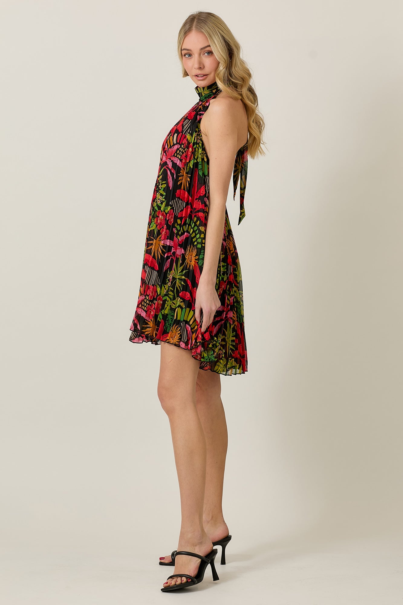 Summer Halter Tie Dress with Floral Chiffon & Pleats