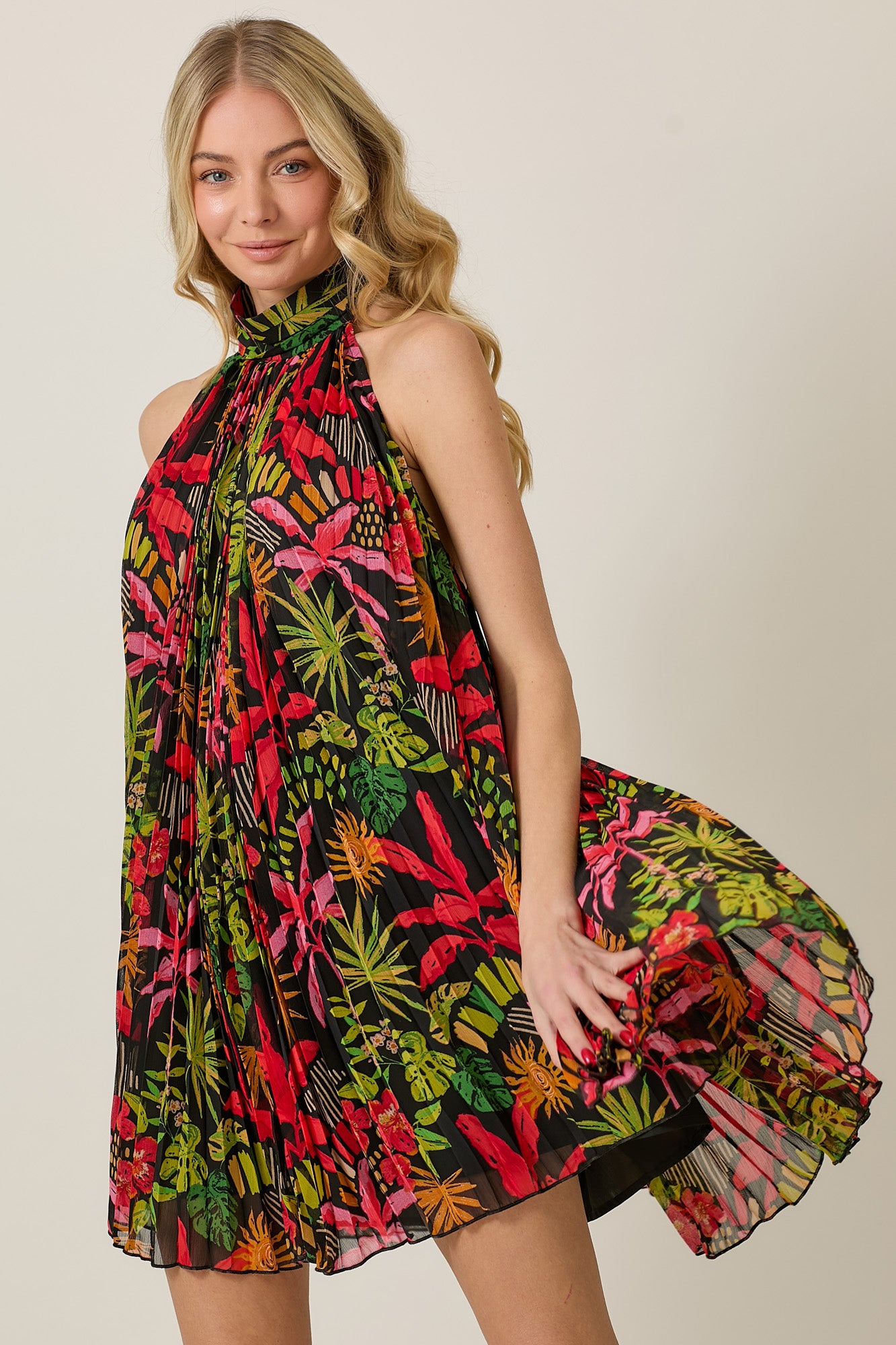 Summer Halter Tie Dress with Floral Chiffon & Pleats