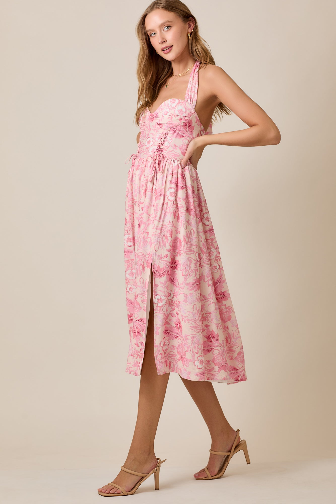 Floral Print Halter Midi Flare Dress
