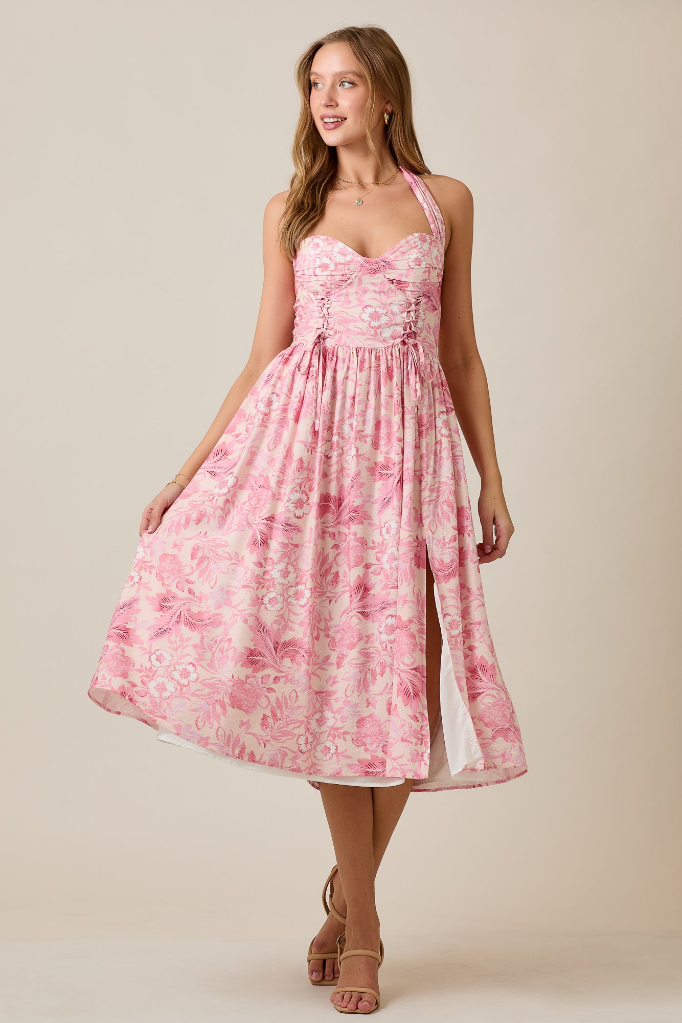 Floral Print Halter Midi Flare Dress