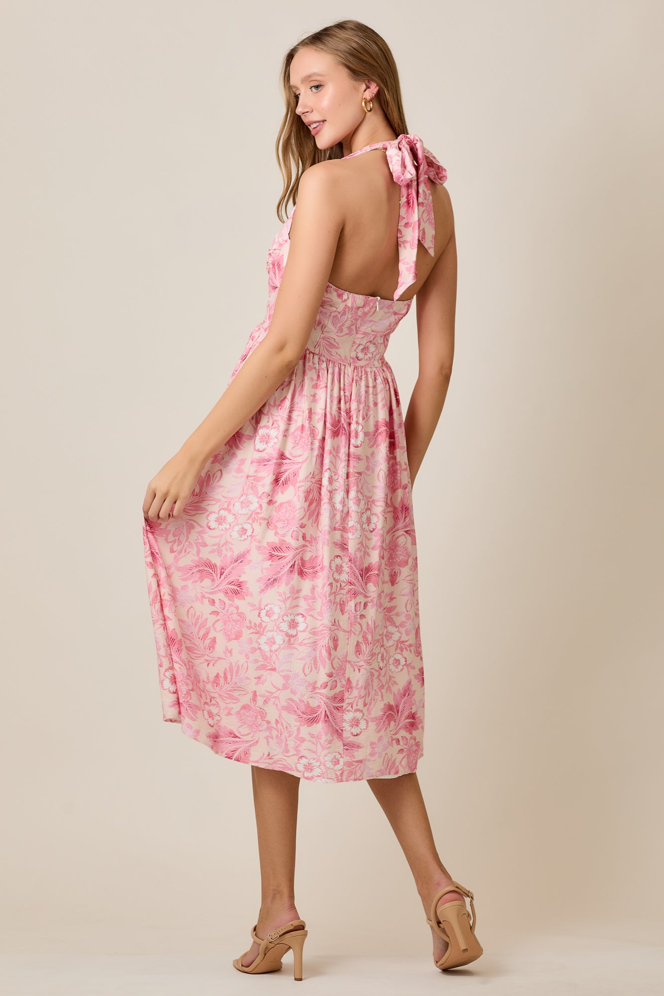 Floral Print Halter Midi Flare Dress