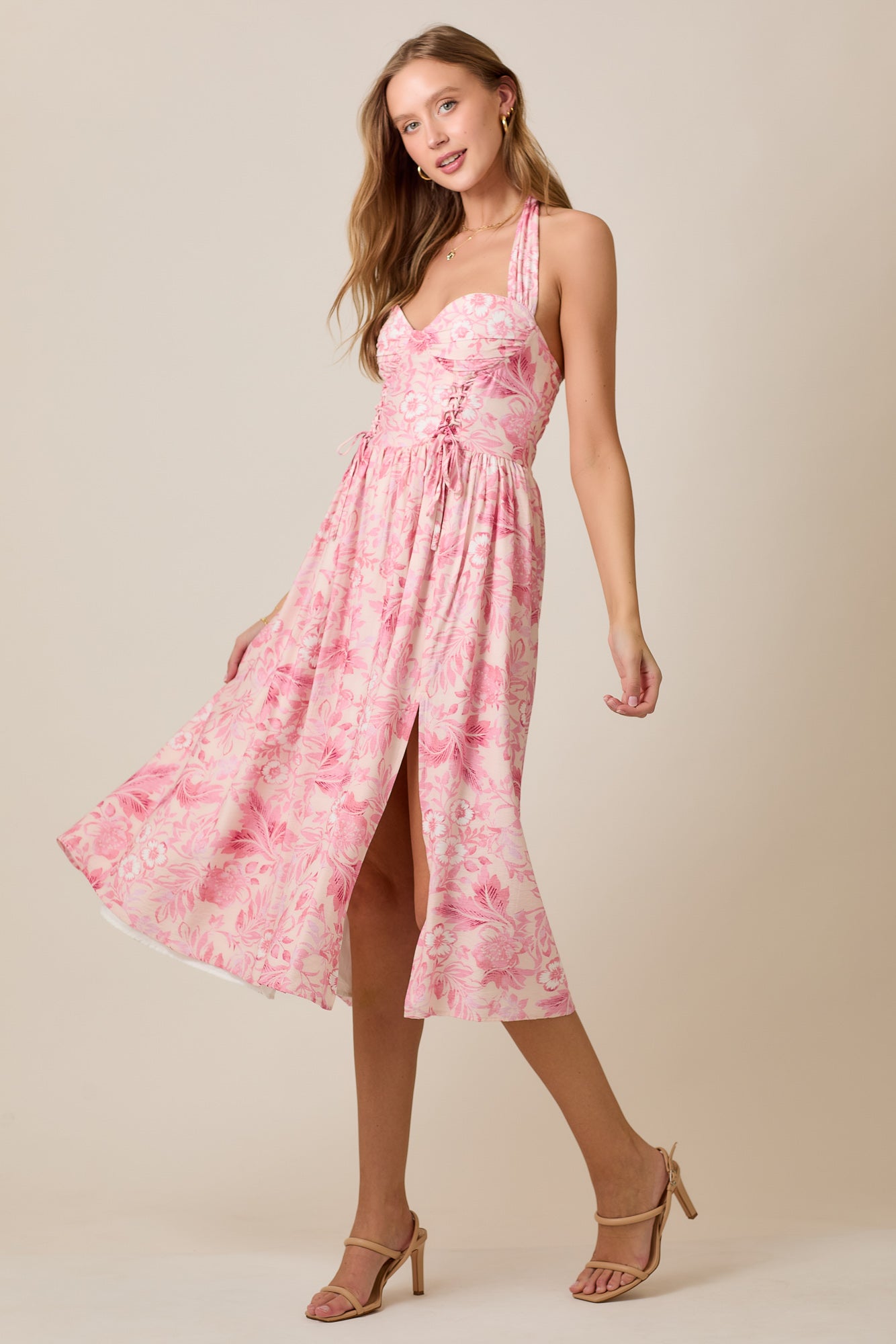 Floral Print Halter Midi Flare Dress