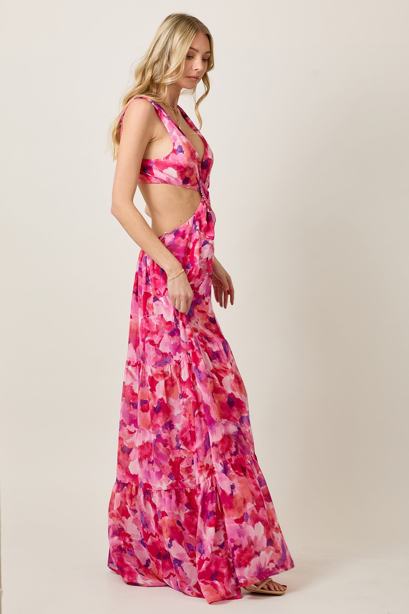 Summer Floral Chiffon Maxi Dress with Cutout & Beads