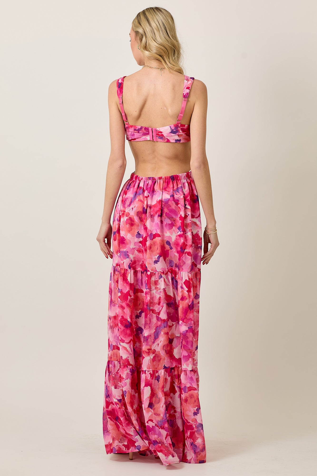 Summer Floral Chiffon Maxi Dress with Cutout & Beads