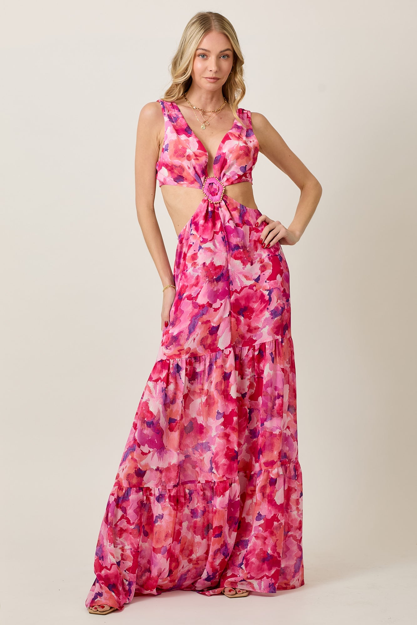 Summer Floral Chiffon Maxi Dress with Cutout & Beads