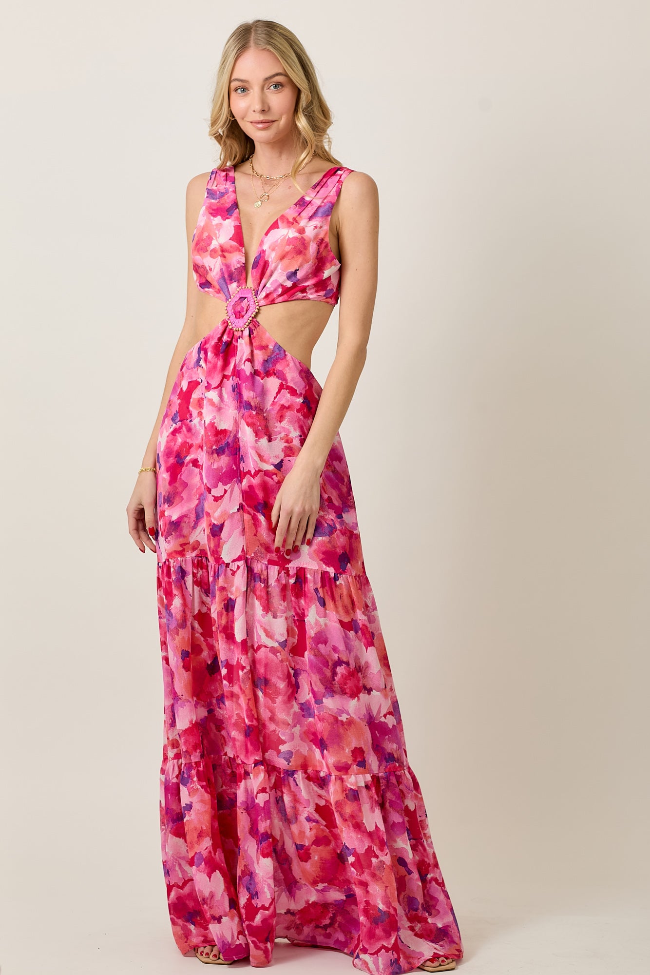 Summer Floral Chiffon Maxi Dress with Cutout & Beads
