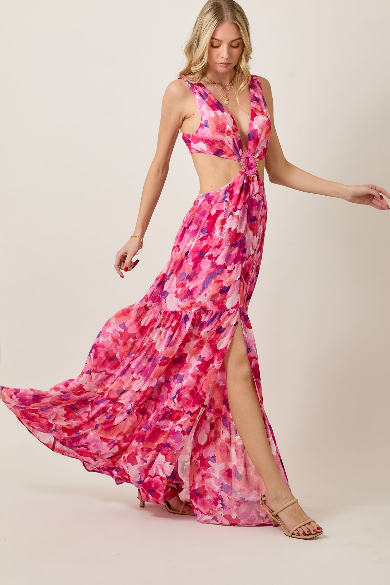 Summer Floral Chiffon Maxi Dress with Cutout & Beads