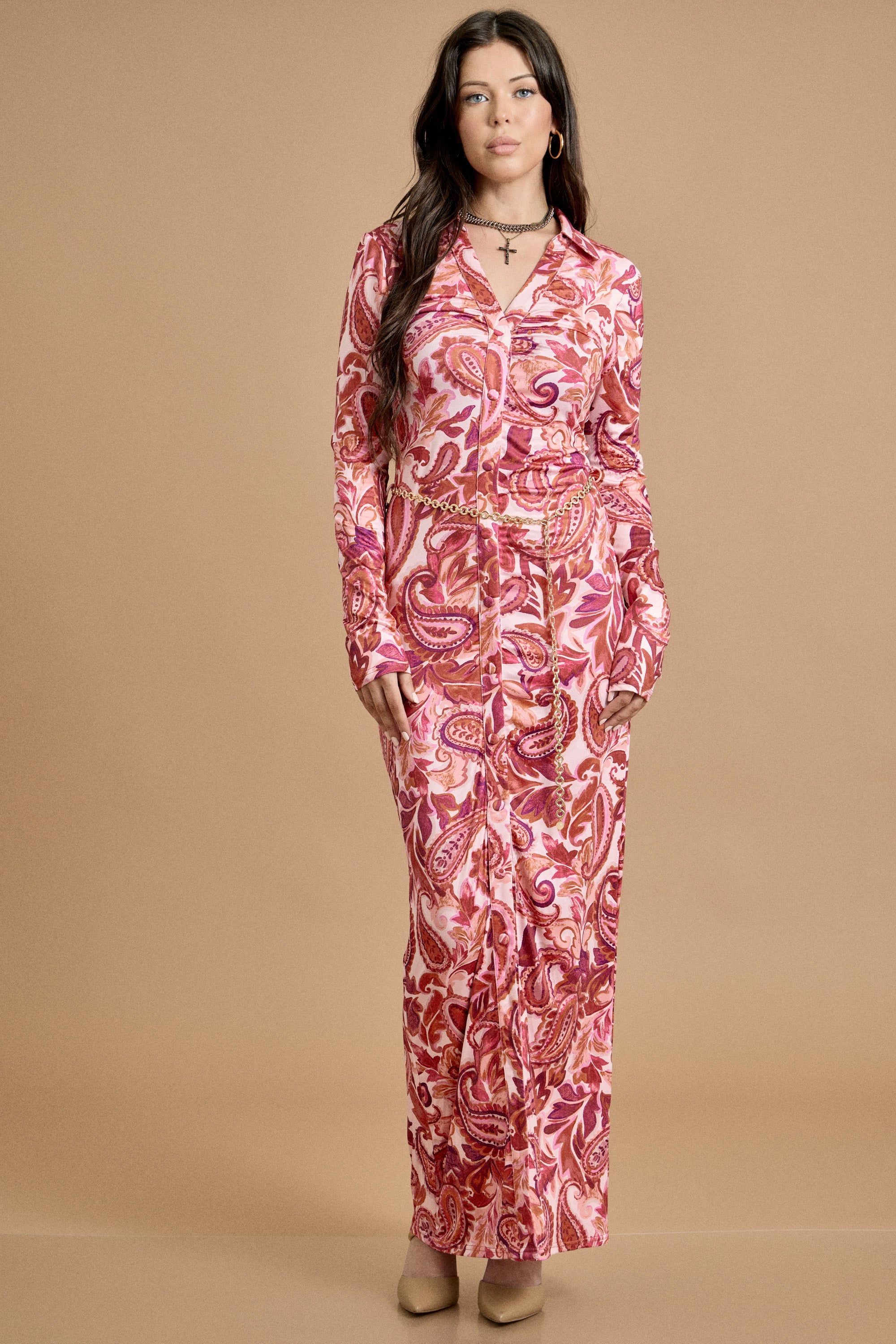 Fall Paisley Button-Down Maxi Dress