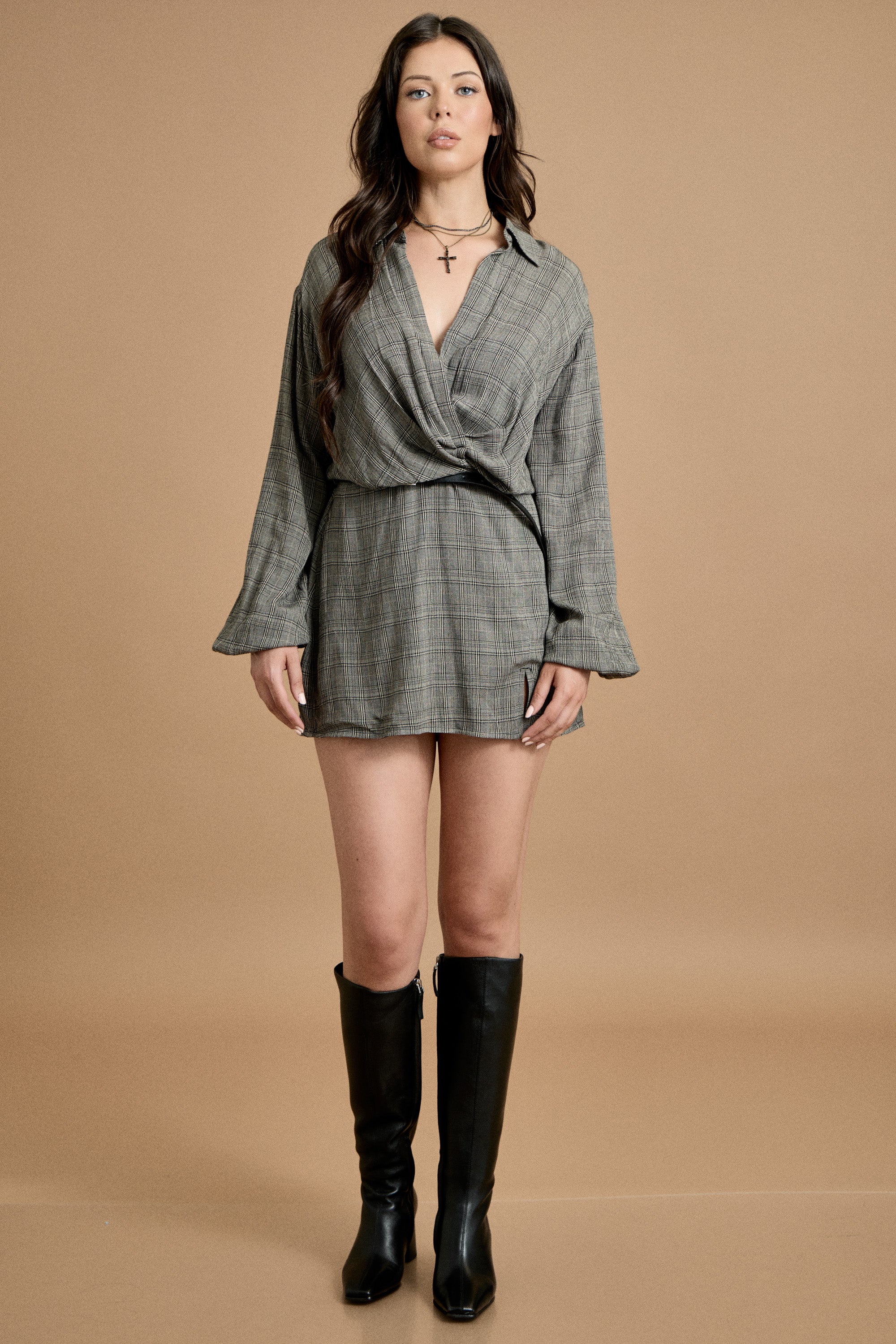 Fall Plaid Twist-Front Mini Dress