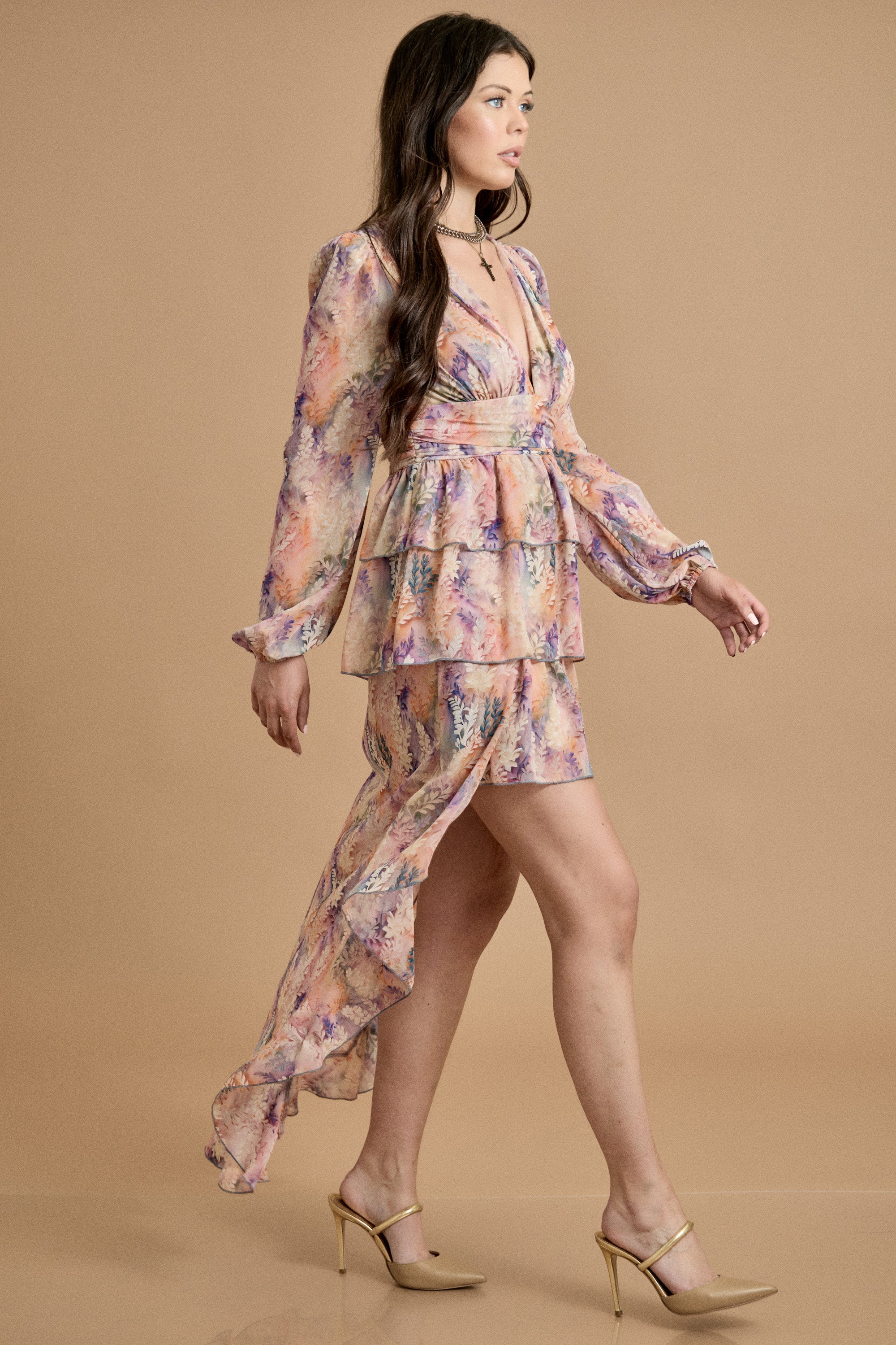 Fall Ruffle High Low Chiffon Dress