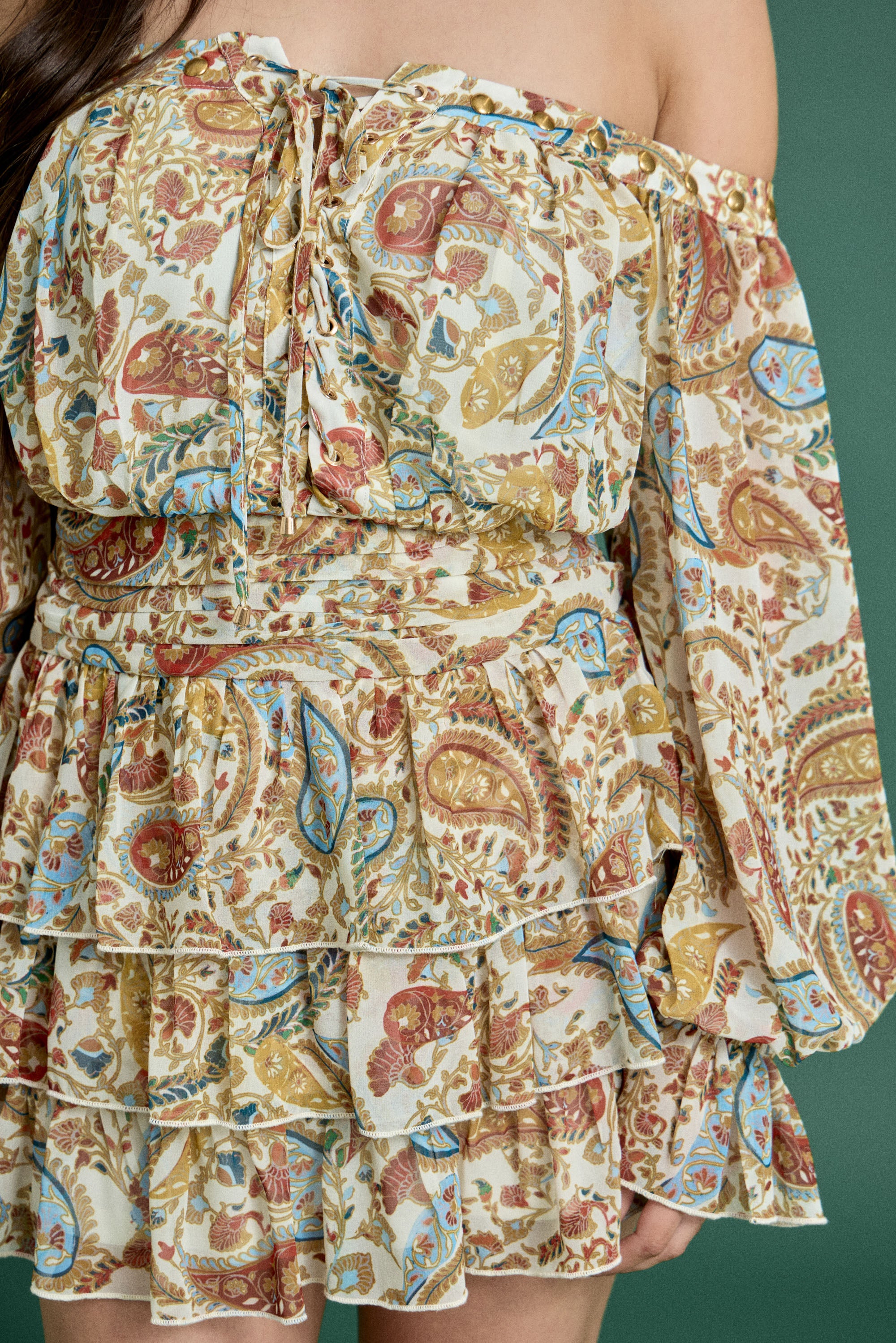 Fall Paisley Off-Shoulder Ruffle Mini Dress